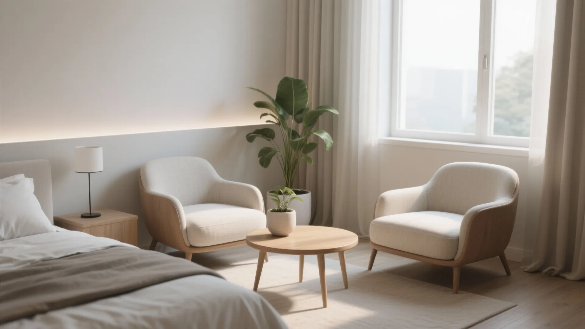 Minimalist bedroom lounge area with two cream chairs a wooden coffee table and indoor plants