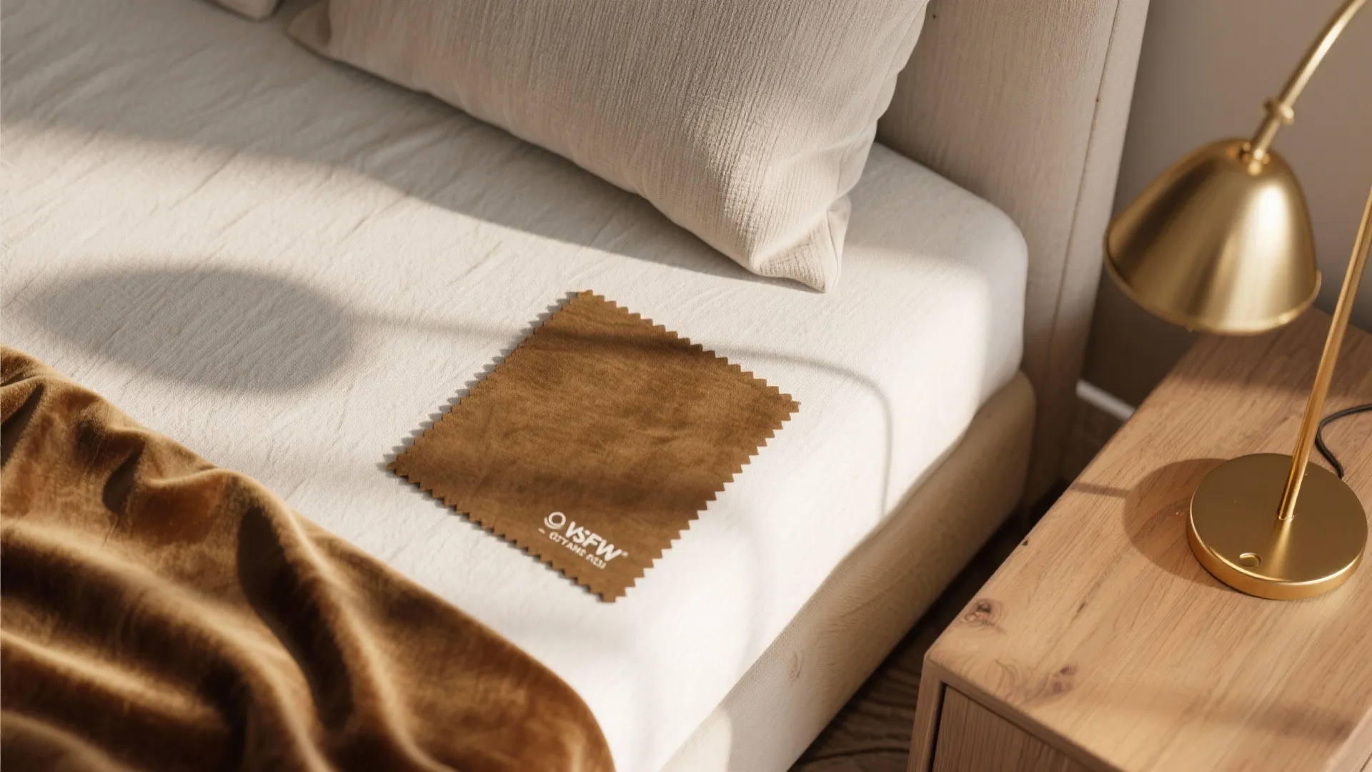 Brown fabric swatch on white bed with gold light fixture on wooden bedside table sunlight