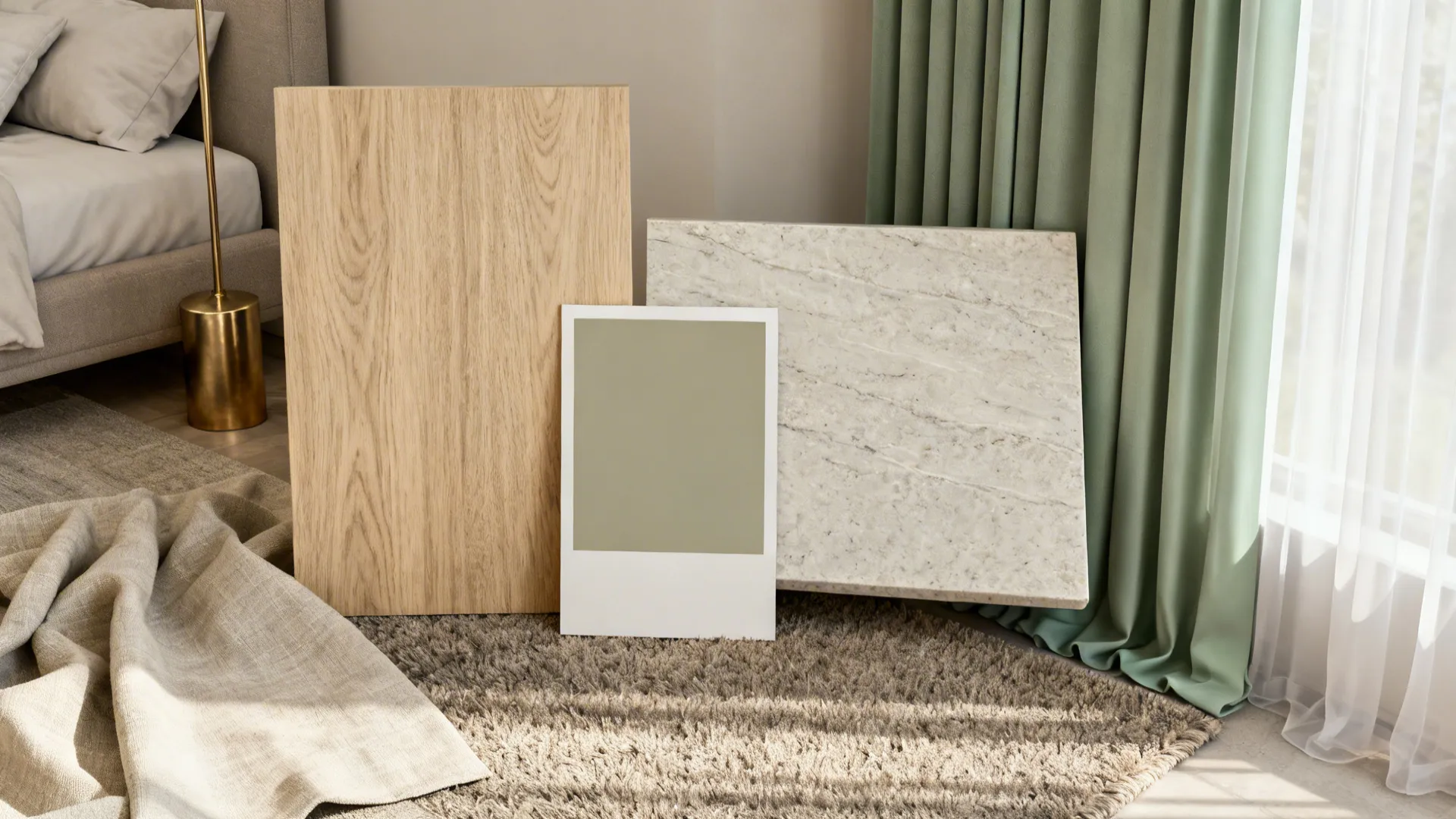 Interior design mood board with wood panel stone tile green color swatch and matching curtains
