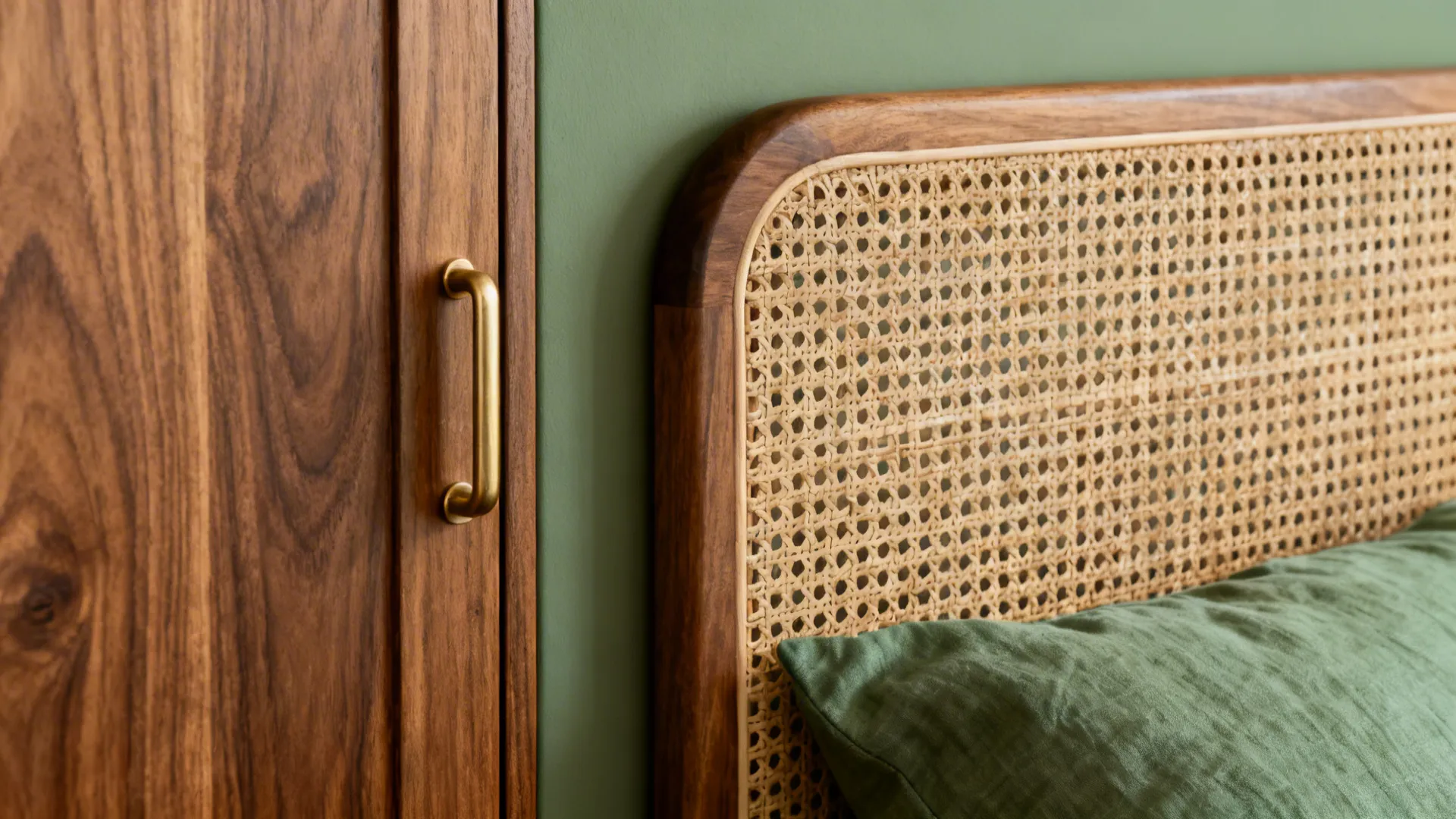 Close-up of teak grain, cane headboard weave, and brass handle in a Kerala bedroom.