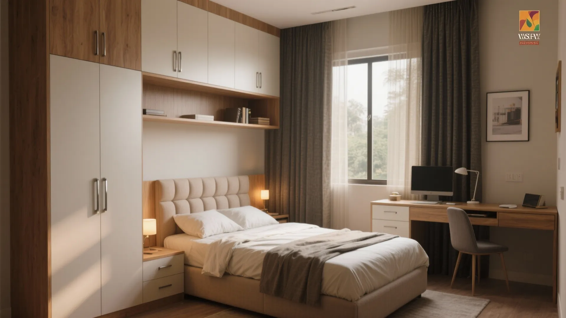 Bedroom calm with built-ins and a micro study