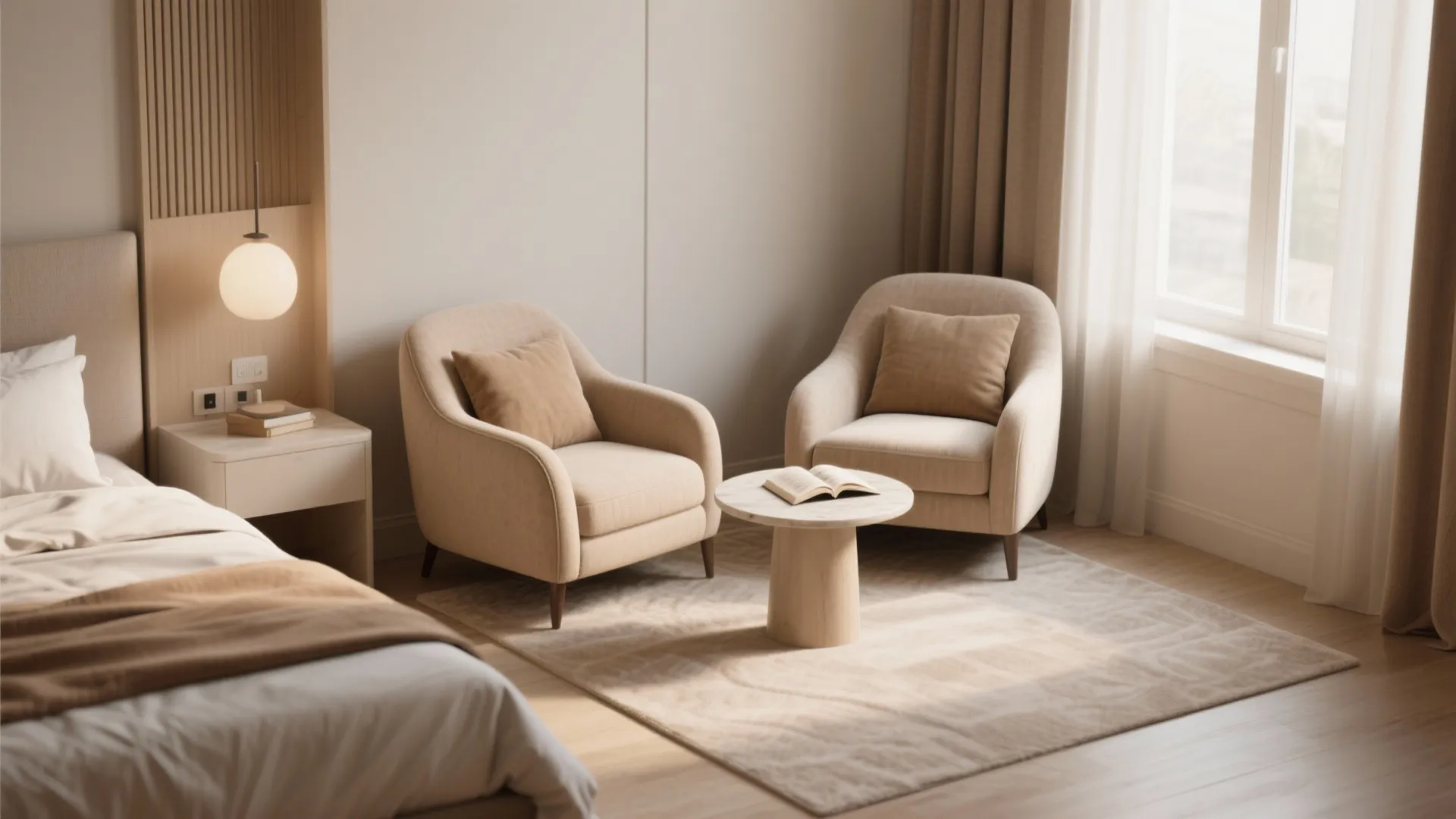Small bedroom sitting area with two beige chairs a round table and a large window