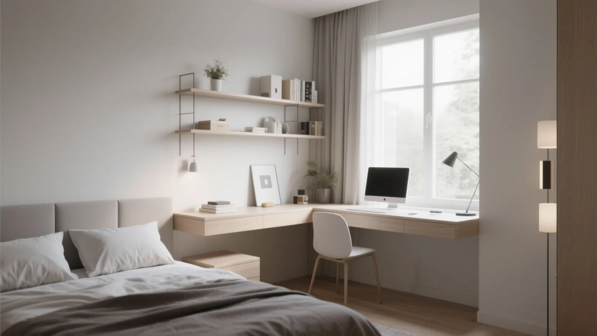 Corner workspace in bedroom with wooden desk, computer, wall shelves, chair, and large bright window
