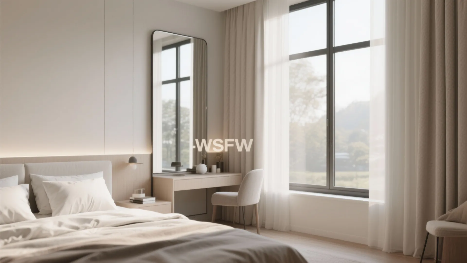 Minimalist bedroom vanity area with tall mirror small desk white chair and large window with curtains