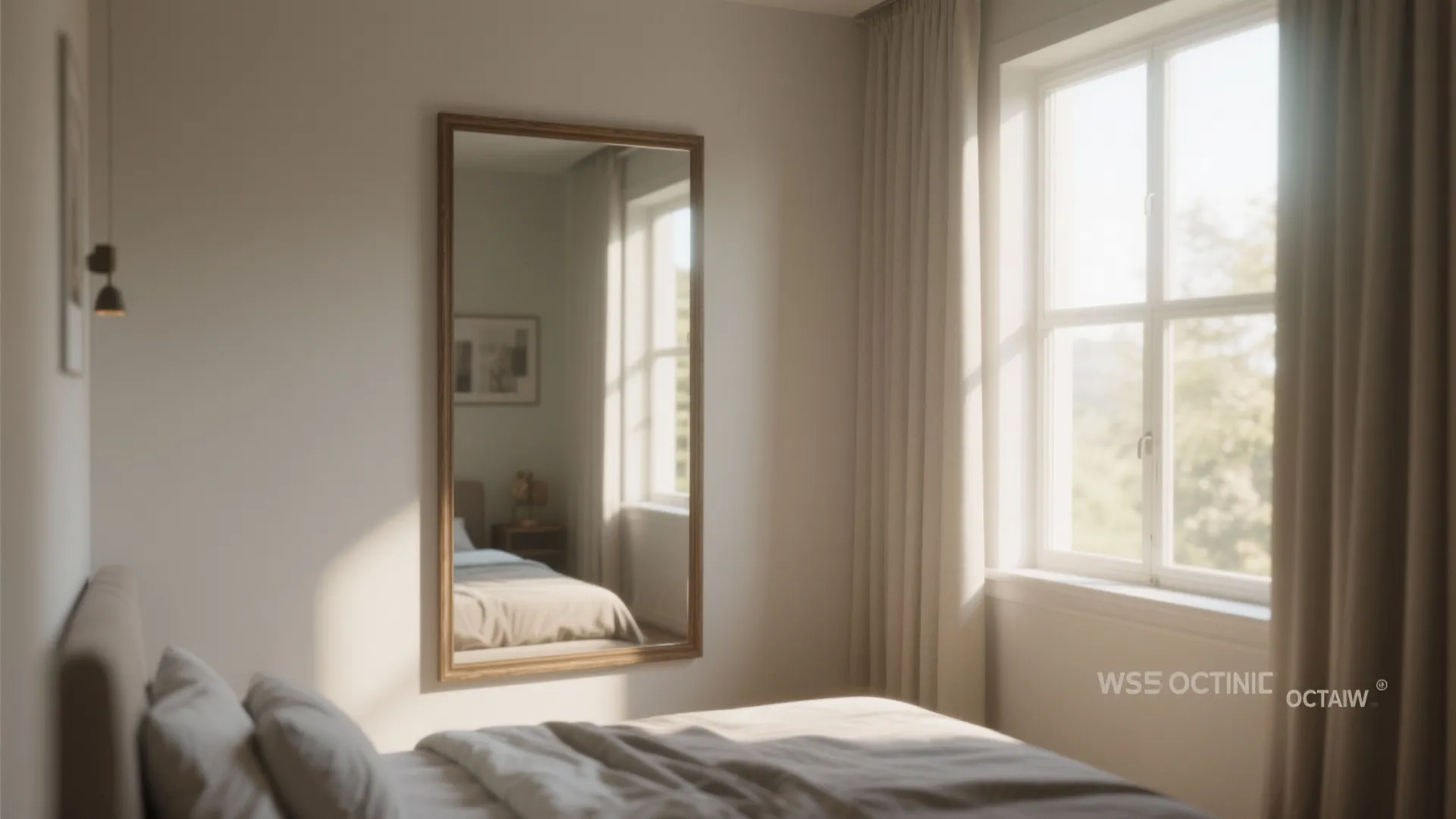 Bright bedroom with large wall mirror reflecting bed next to window with sunlight and curtains