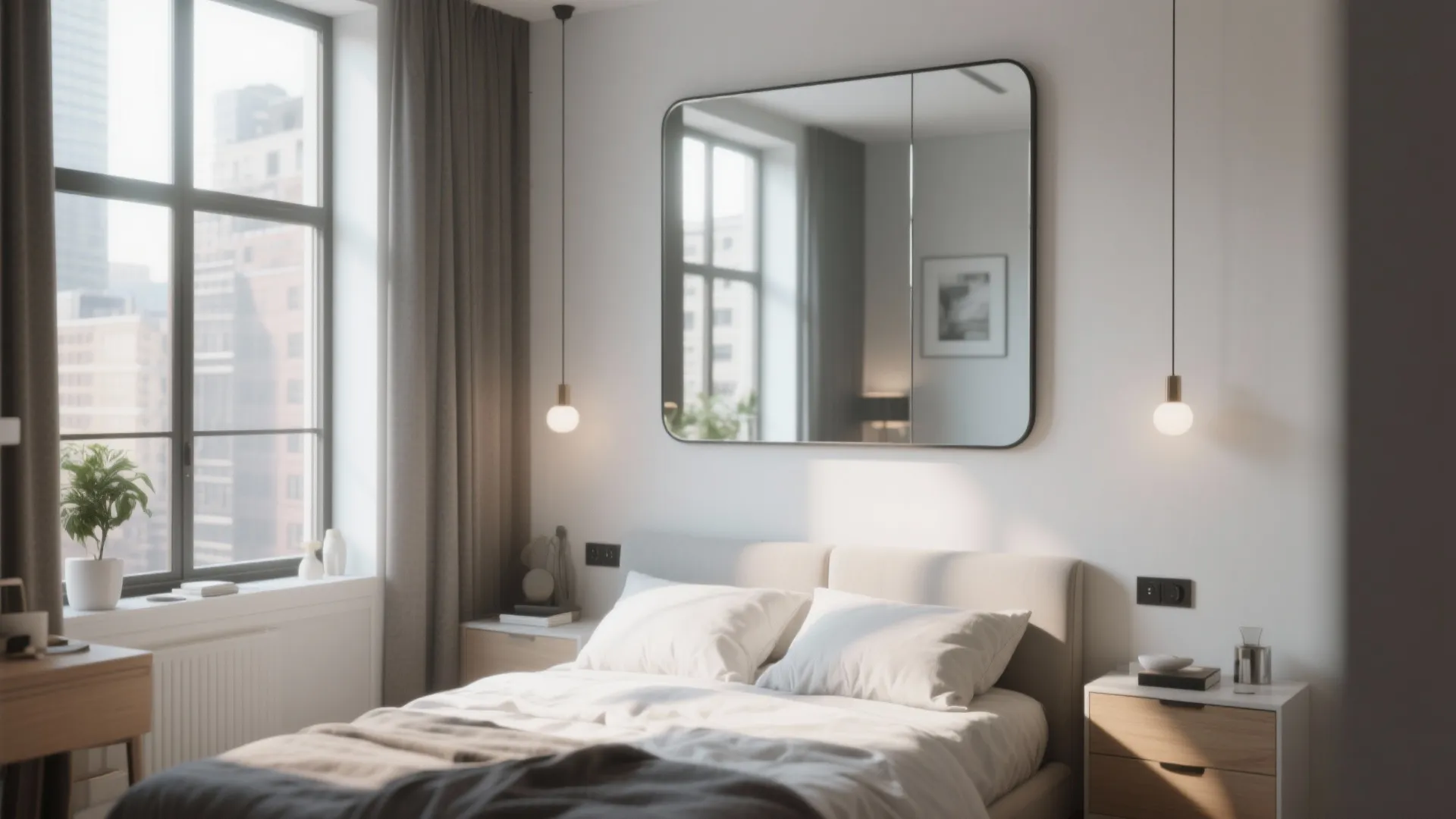 Small bedroom with a large mirror creating visual space