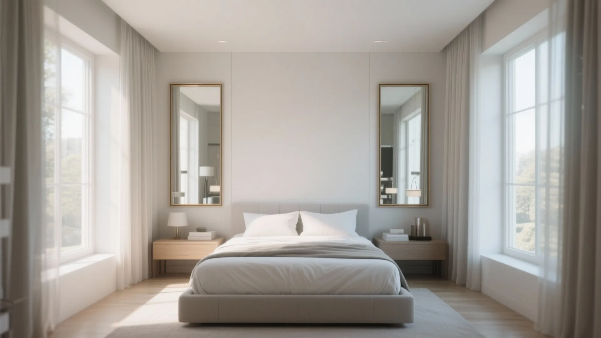 Bright minimal bedroom featuring two large wall mirrors above wooden nightstands and a grey upholstered bed