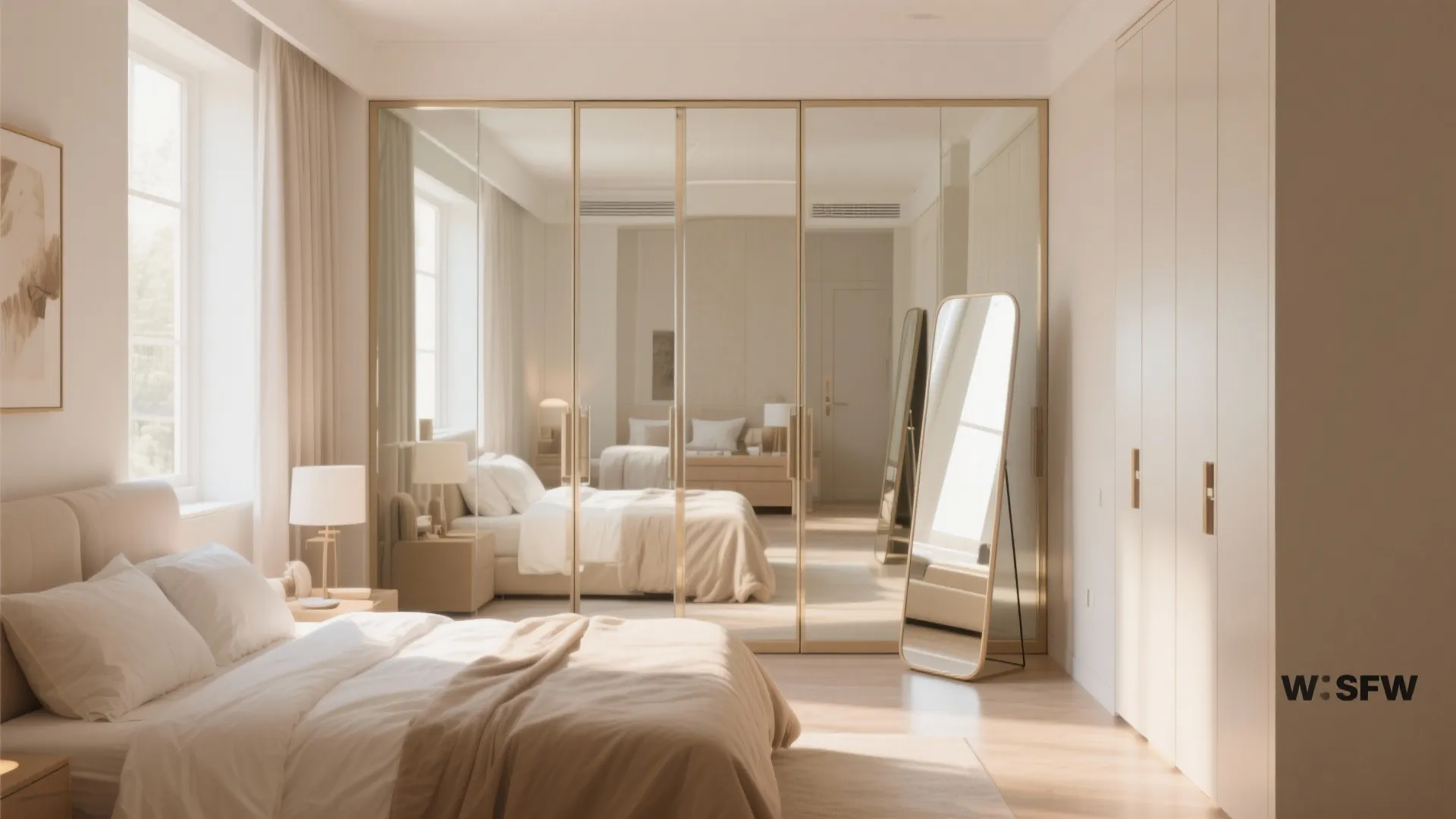 Bright bedroom featuring a large mirrored wardrobe reflecting the bed, window curtains, and standing mirror.