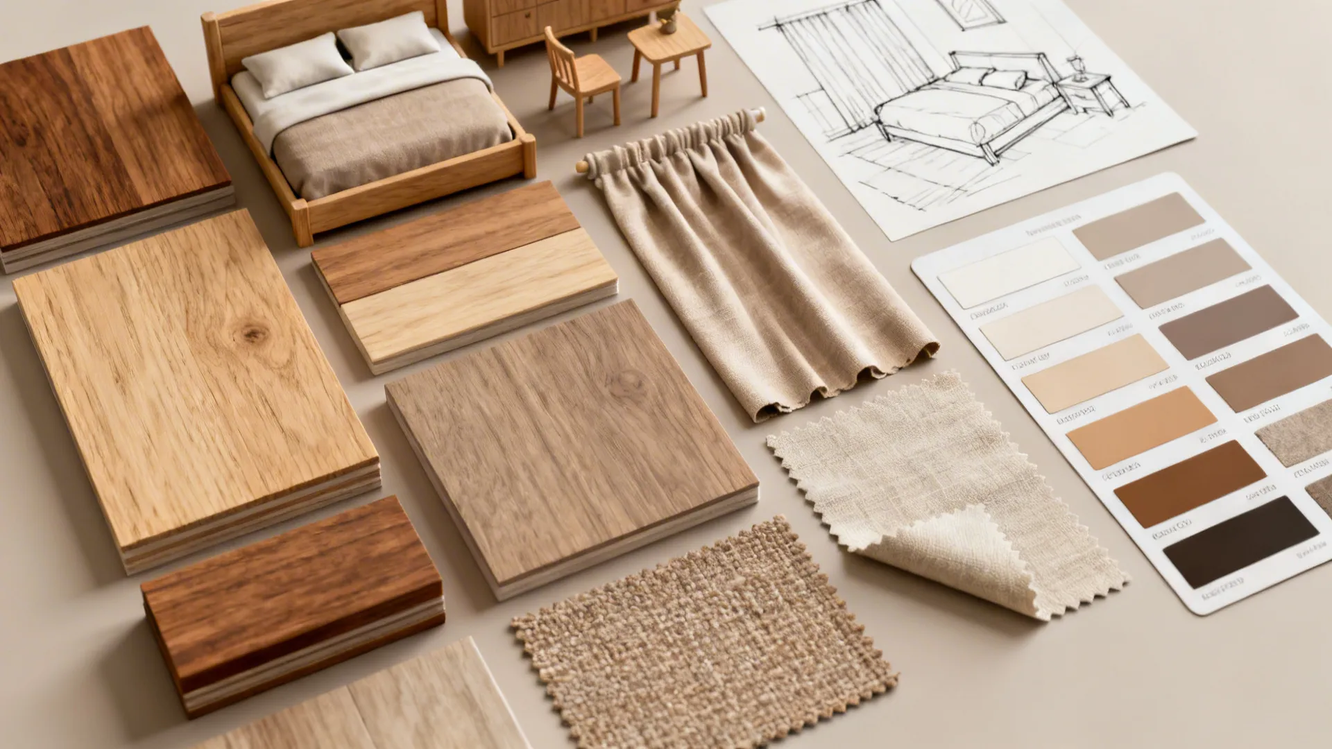 Bedroom mood board featuring wood samples fabric swatches miniature furniture interior design drawing and palette