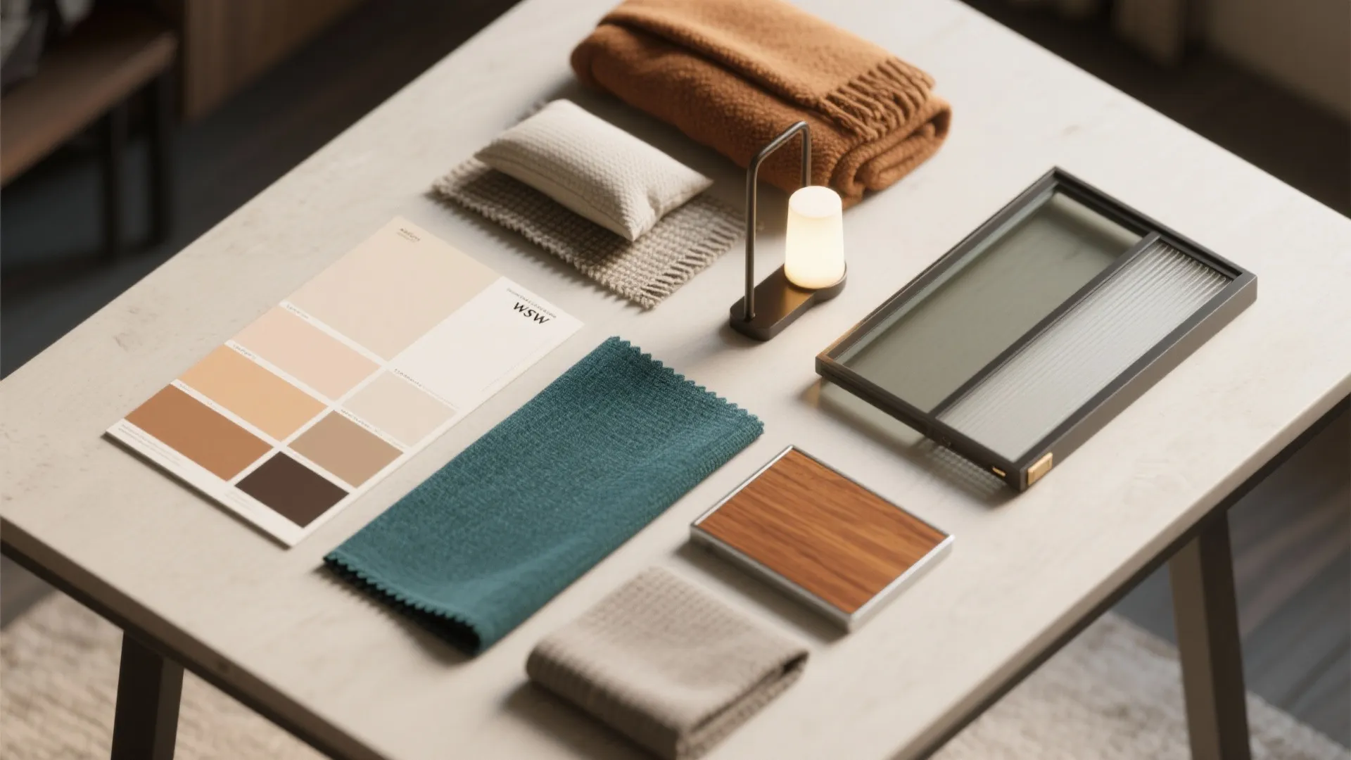 Top-down mood-board flatlay of paint swatches, fabric samples, lighting samples and finishes for a small bedroom