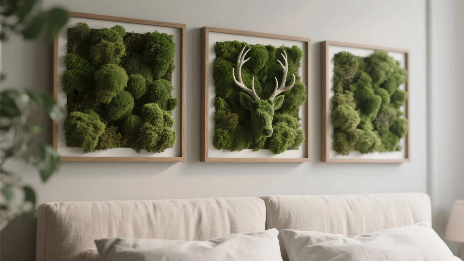 Bedroom wall featuring three square wooden frames with green moss and a deer head sculpture
