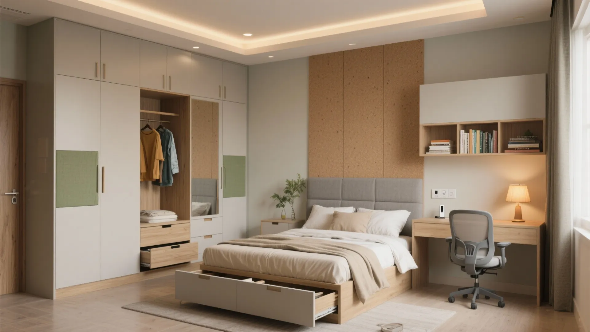 Bedroom multi-tasking: wardrobes, study nooks, and calm