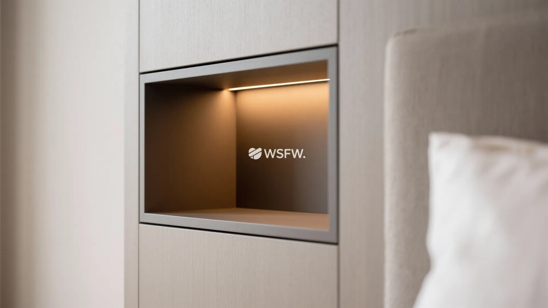 Close up of a wall niche with light built into wood paneling in a bedroom