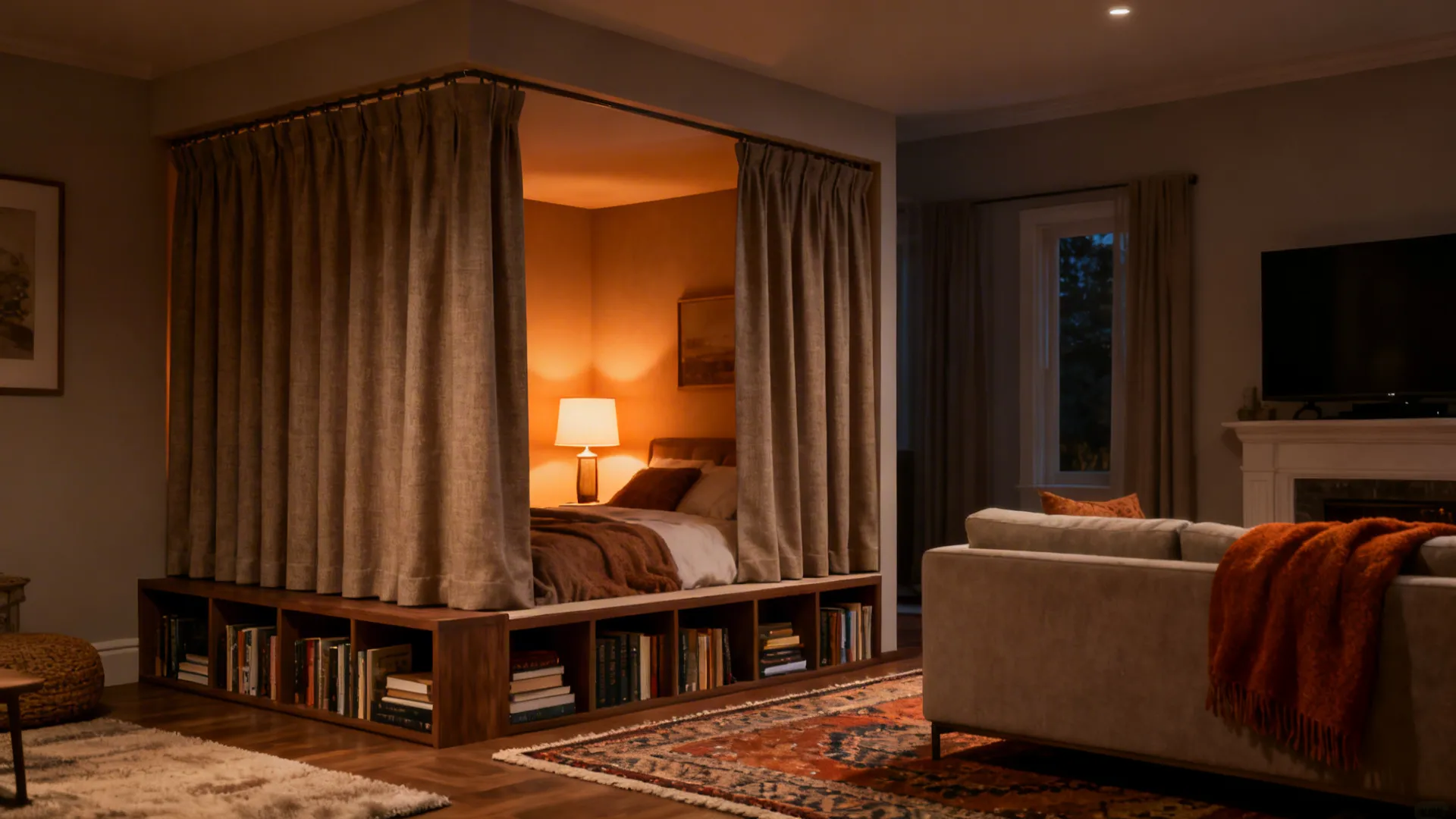 Bedroom nook separated by a heavy curtain and low bookcase divider in a living room