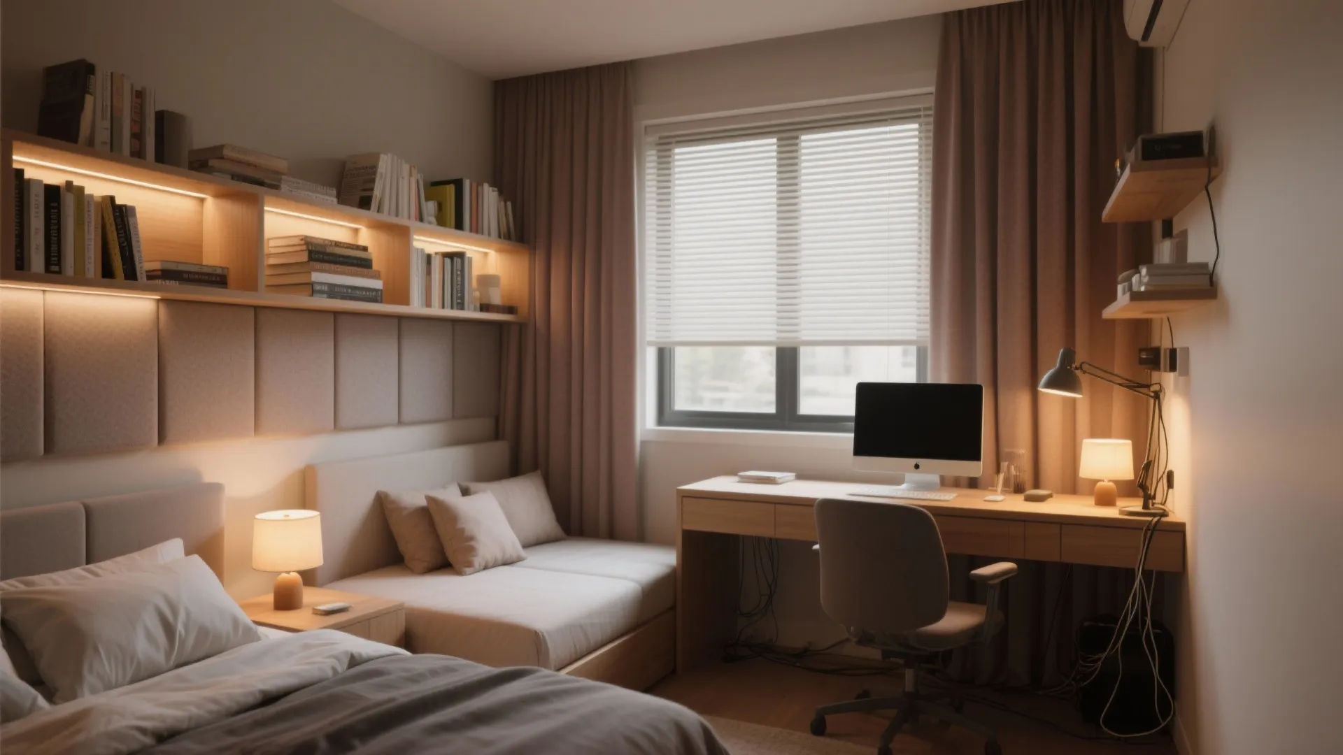 Small bedroom office combo featuring wooden desk computer chair lighted bookshelves and cozy bed for work