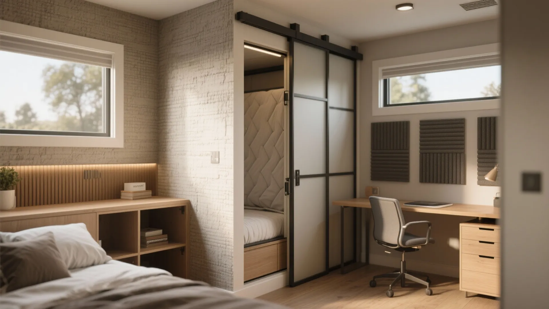 Murphy bed folded up to reveal a built-in desk and sliding partition in an ADU bedroom-office combo