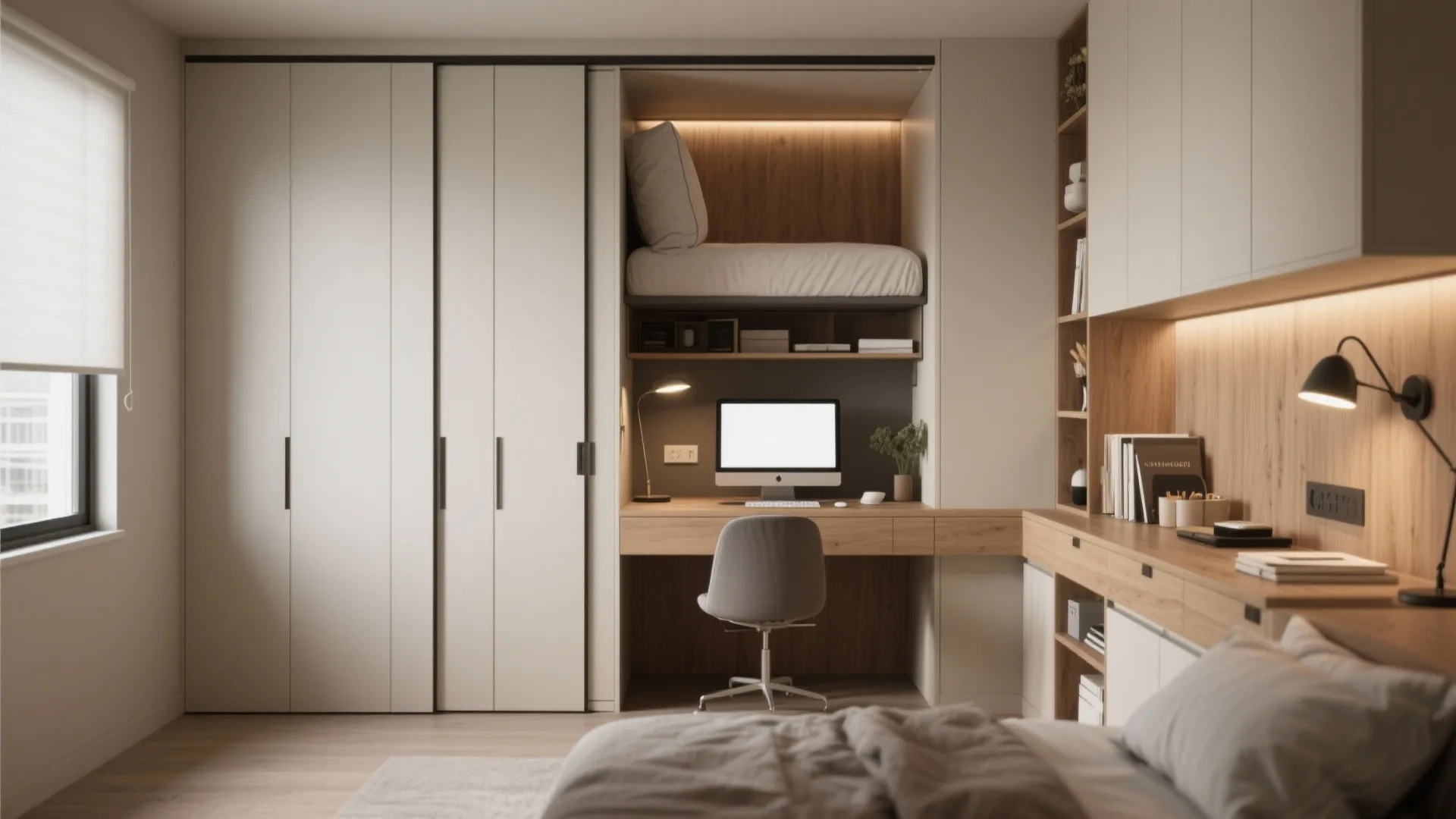 Modern bedroom home office featuring built-in wardrobe desk computer chair bunk bed and warm light