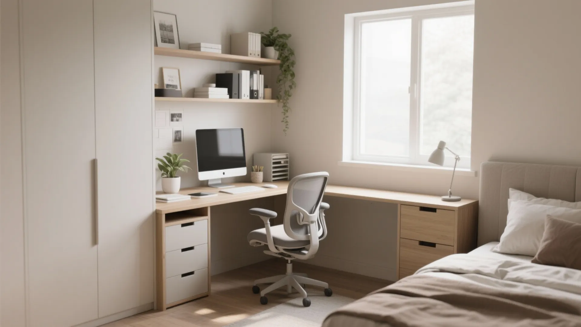 Corner office desk with computer and chair integrated into a modern bedroom near a window