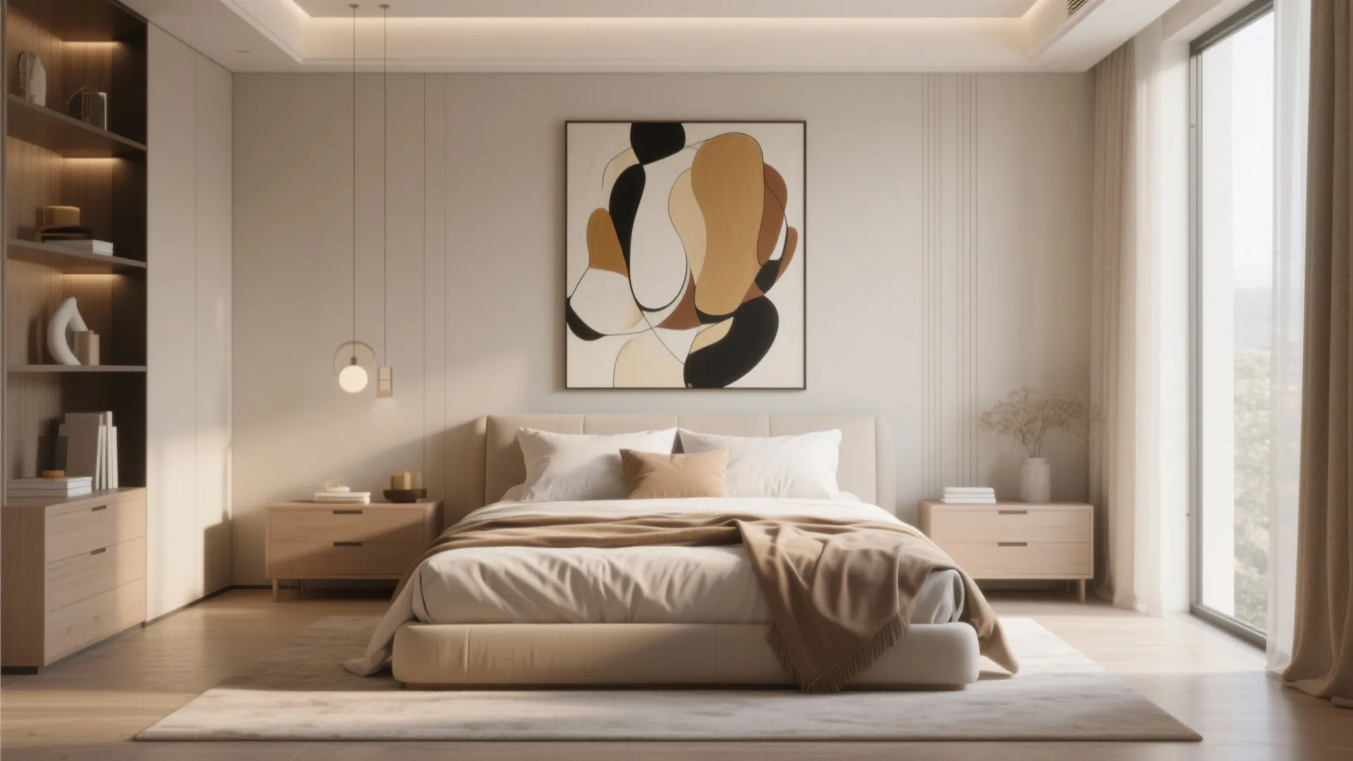 Minimalist bedroom featuring abstract wall art above bed, wooden cabinets, hanging light, and natural curtains