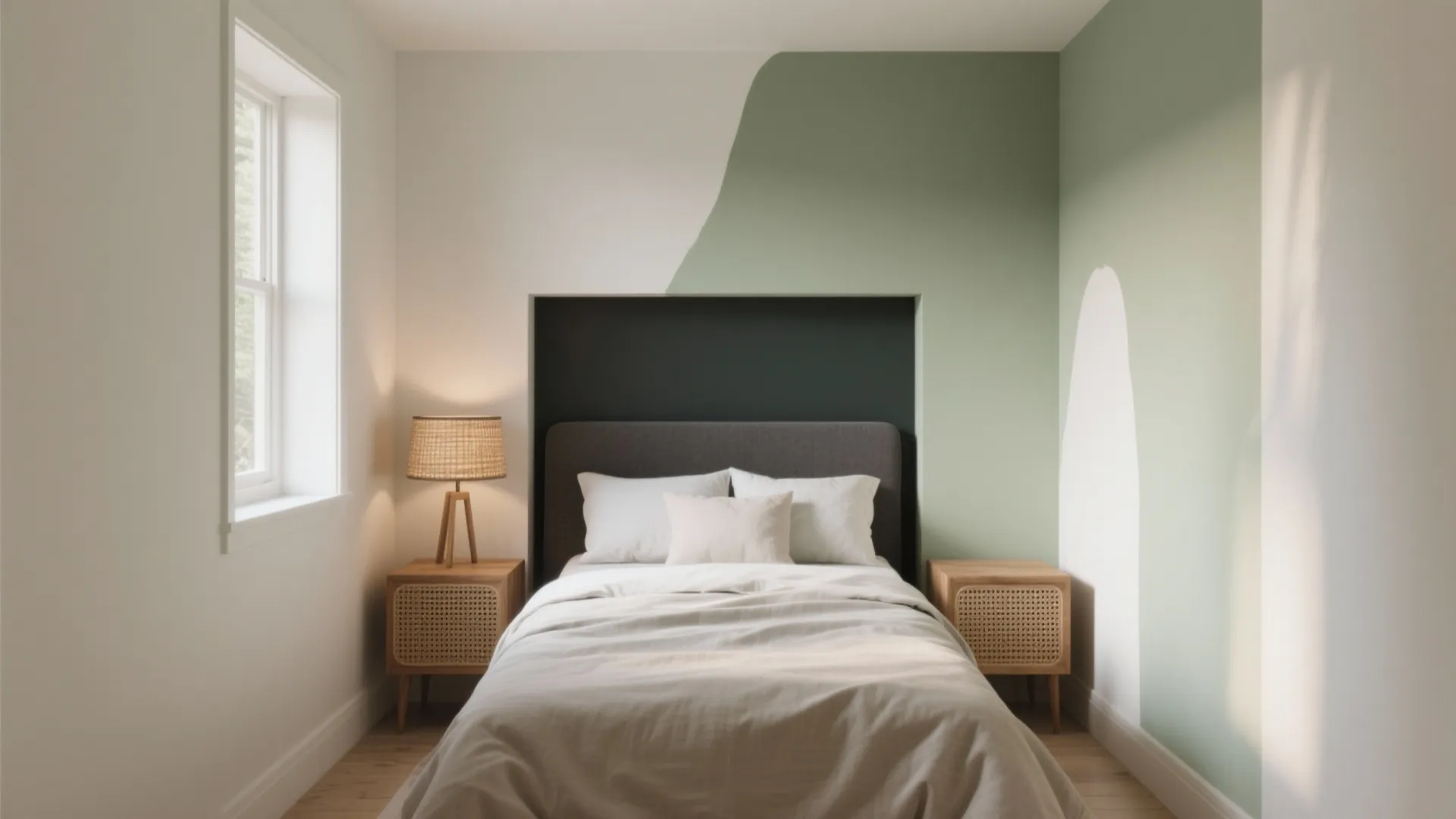 Modern bedroom with green wall paint patterns and wooden nightstands and a small table lamp