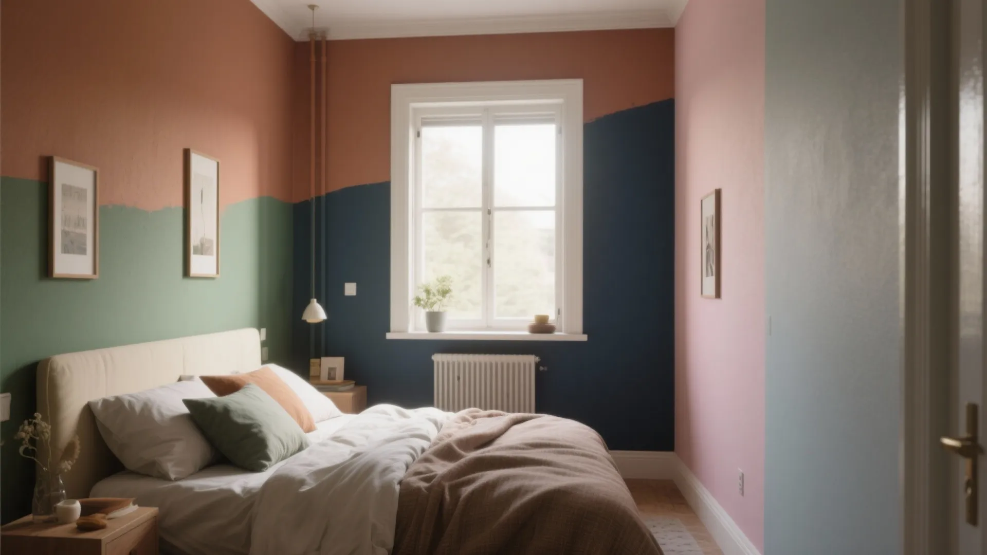 Modern bedroom with colorful painted wall sections, white bed linens, side table, and large window