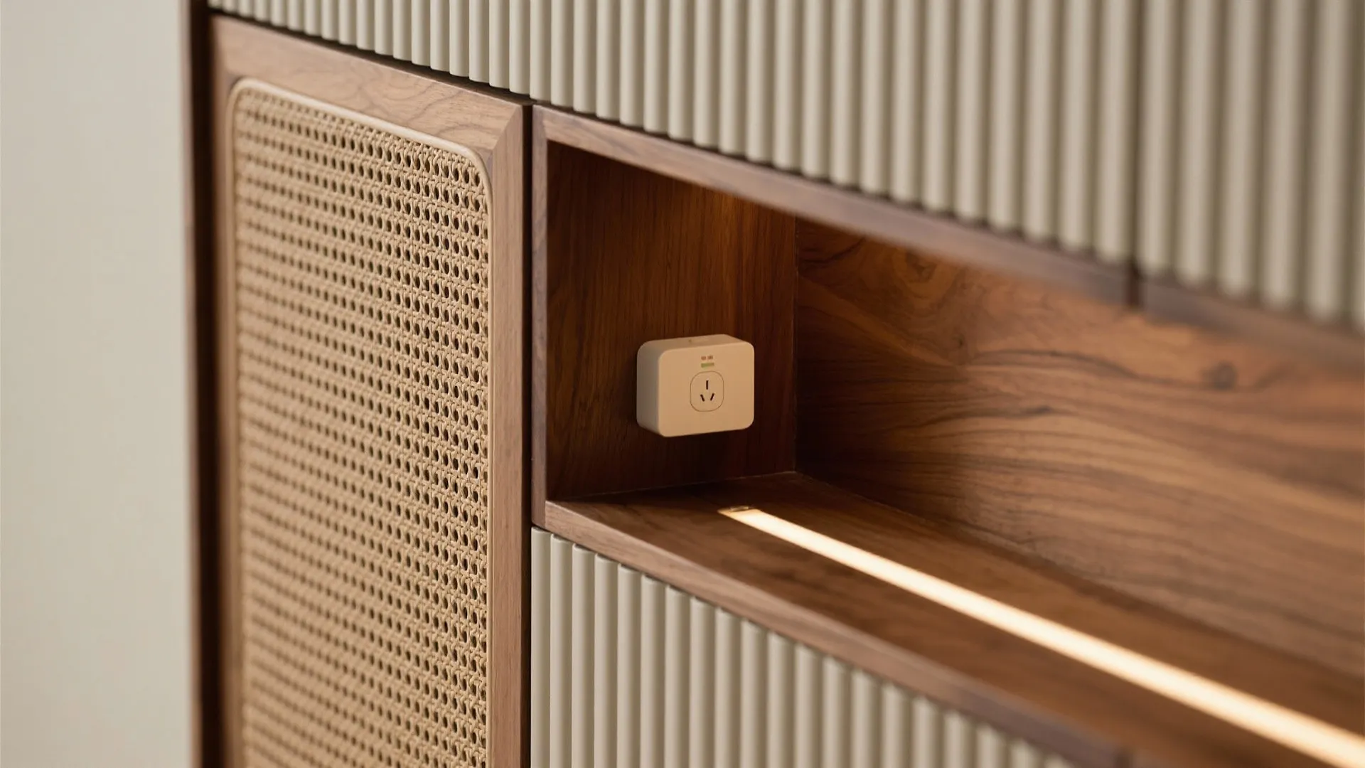 Bedroom storage walls with warm wood accents