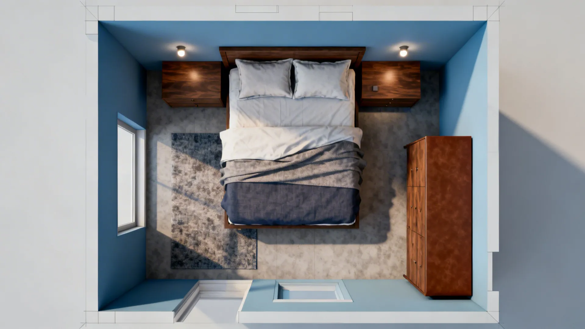Top-down floorplan mockup showing blue and brown furniture layout for a small bedroom