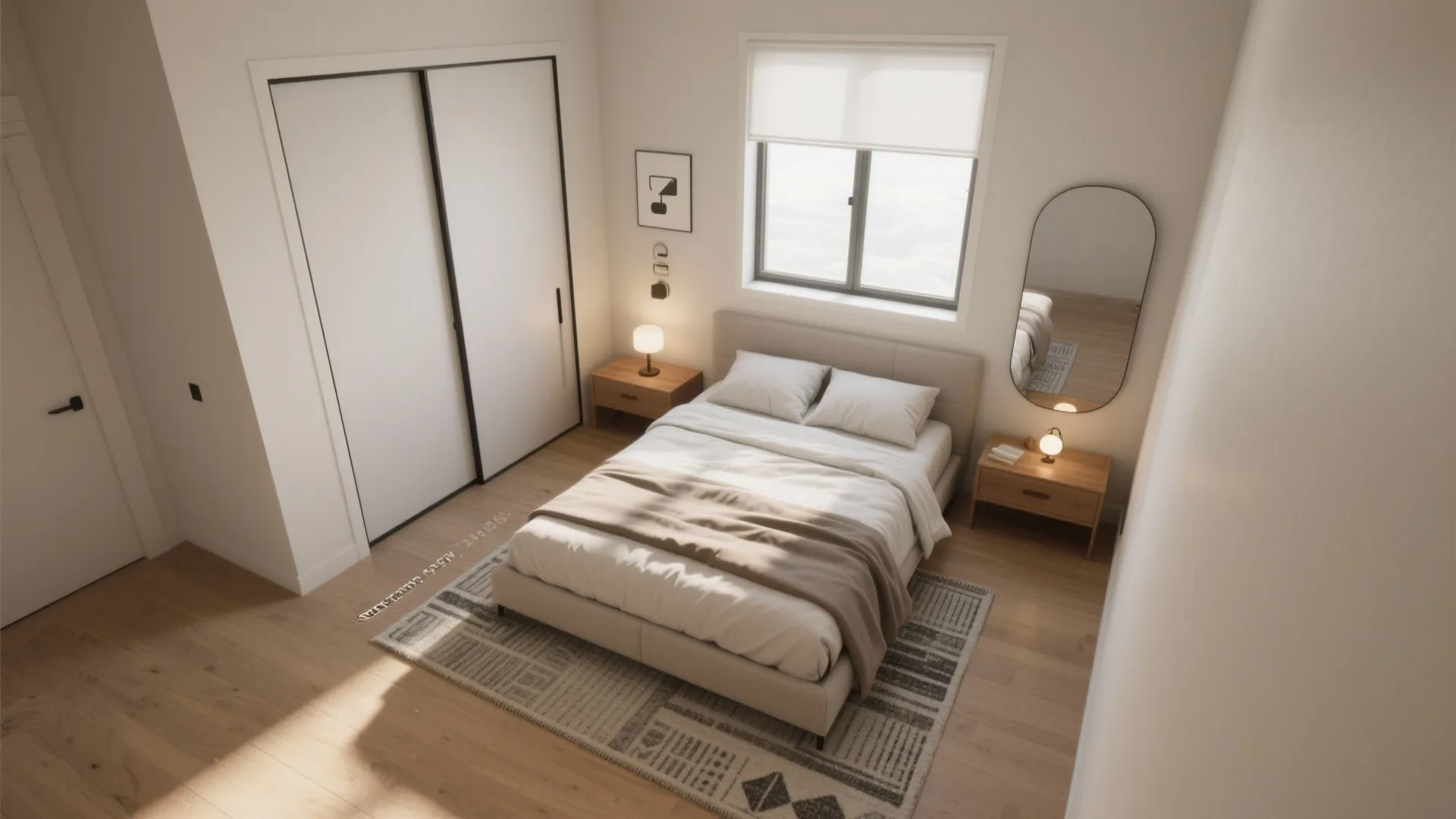 Overhead interior design drawing of a minimalist bedroom with a large closet and wooden floor