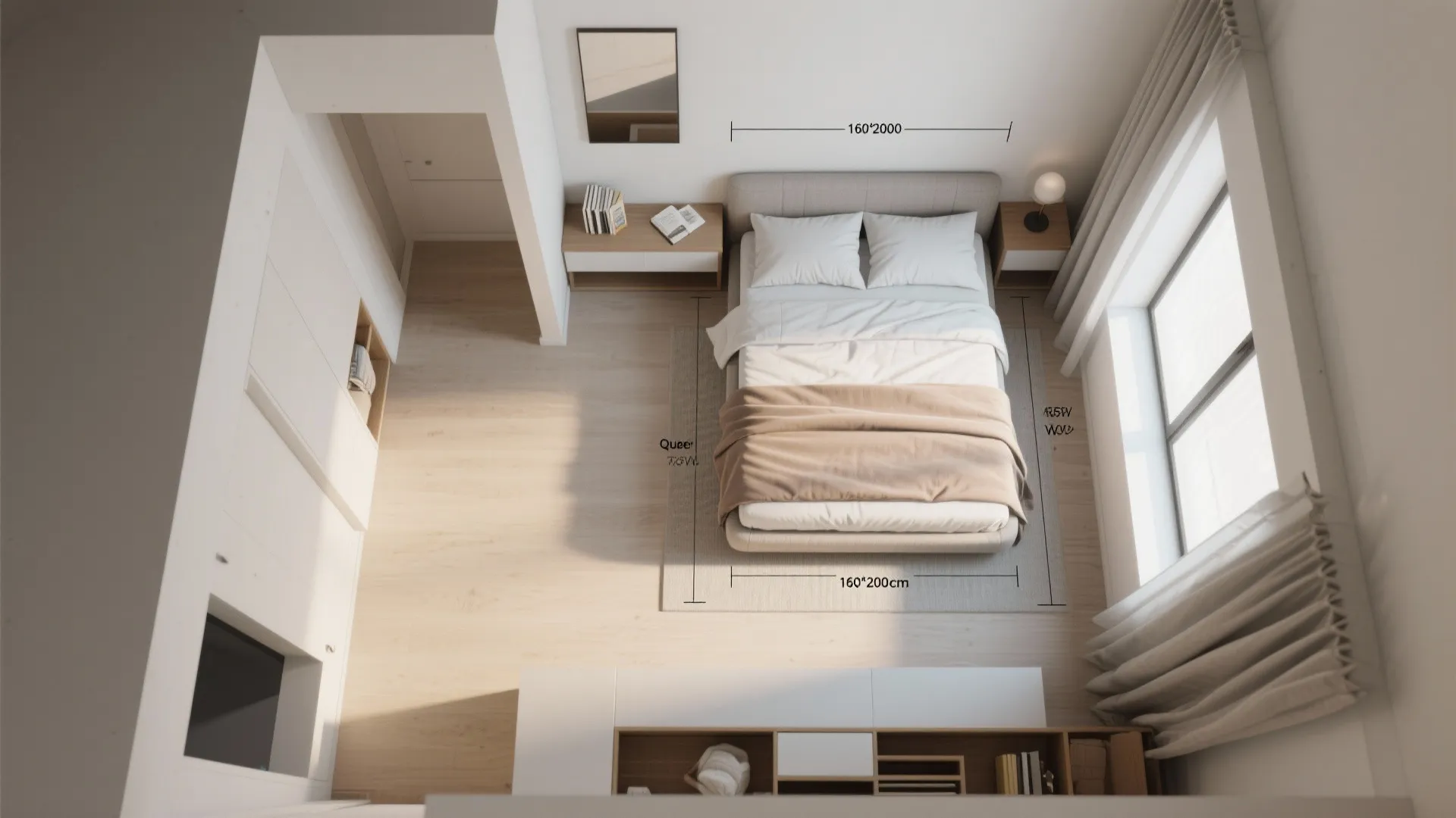 Top-down layout of a small bedroom showing queen bed dimensions and clearance zones for planning.
