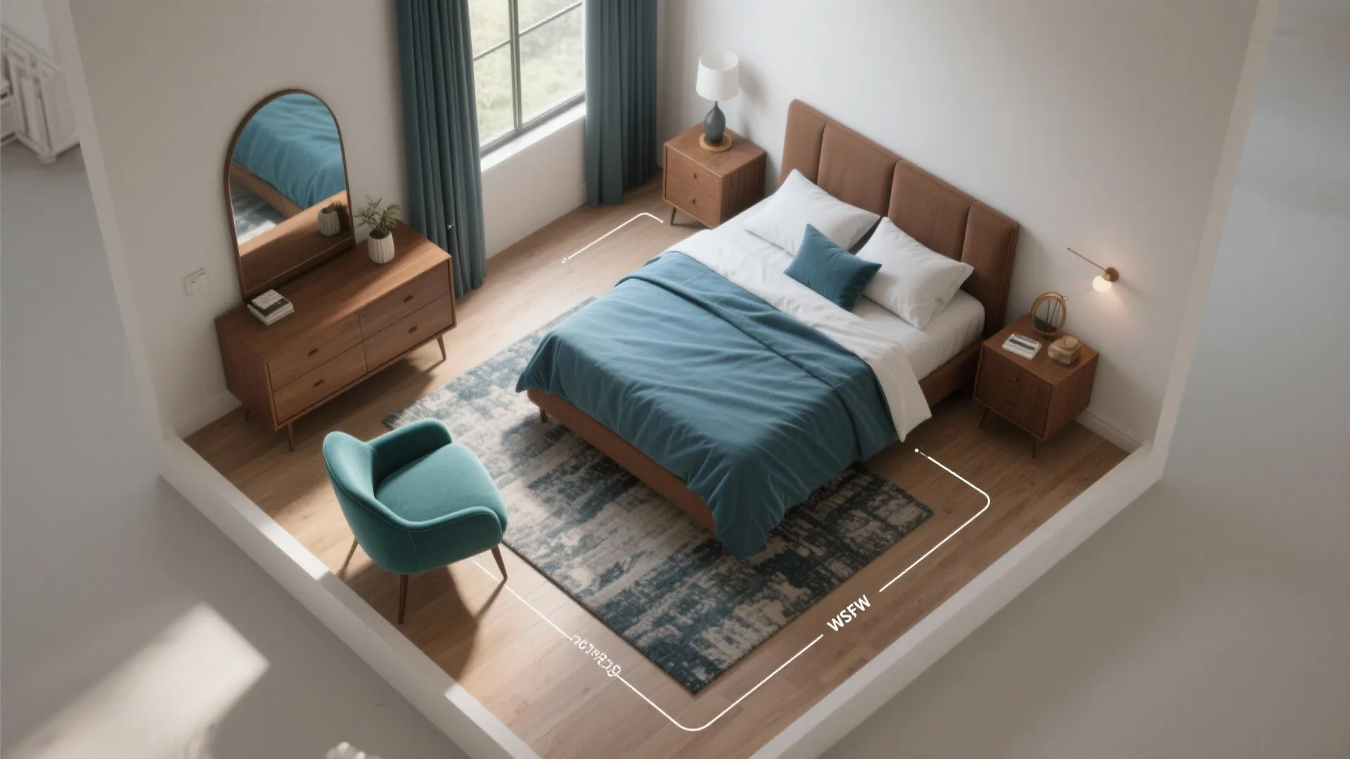 Top-down render of a small bedroom plan illustrating furniture layout and circulation for a brown and blue palette.