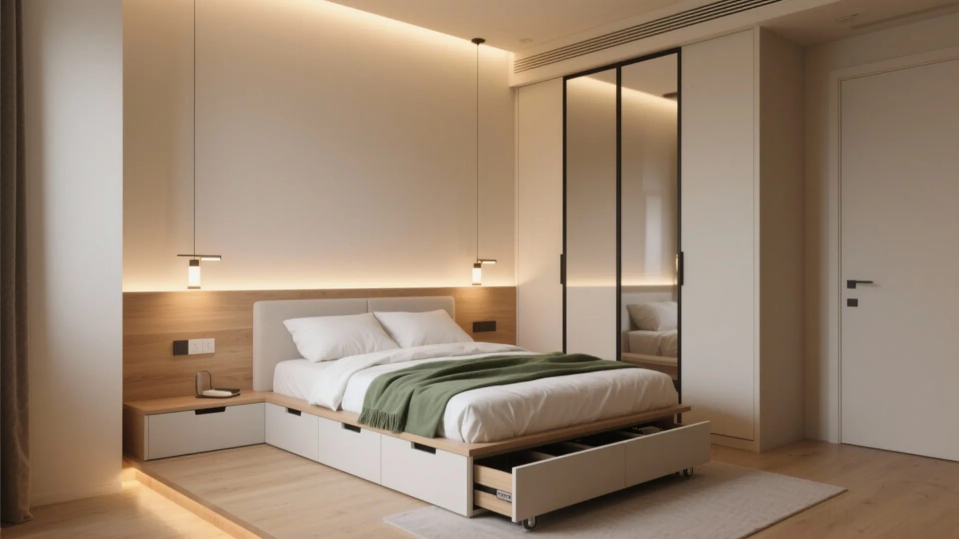3) Bedroom: platform bed with hidden storage and layered lighting