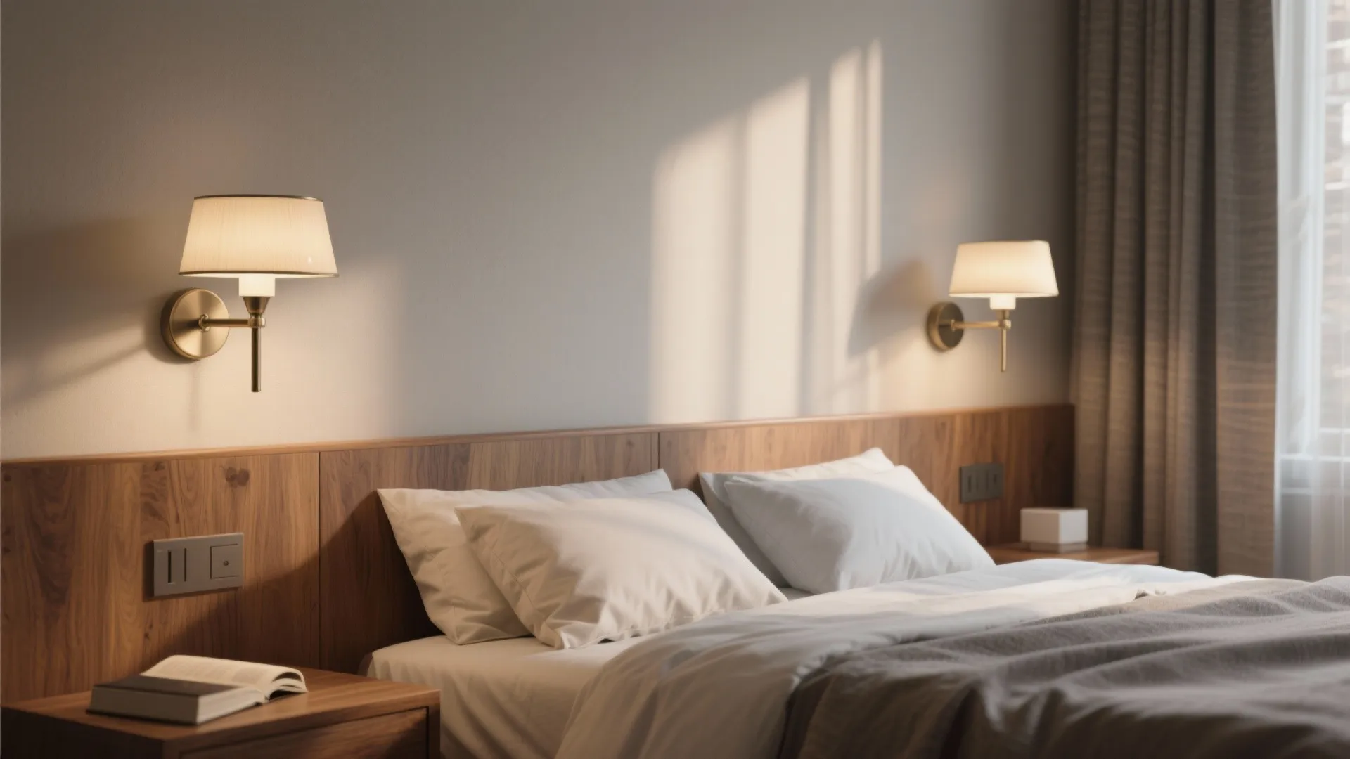 Modern bedroom featuring wooden headboard with white pillows and two gold wall lights providing warm glow