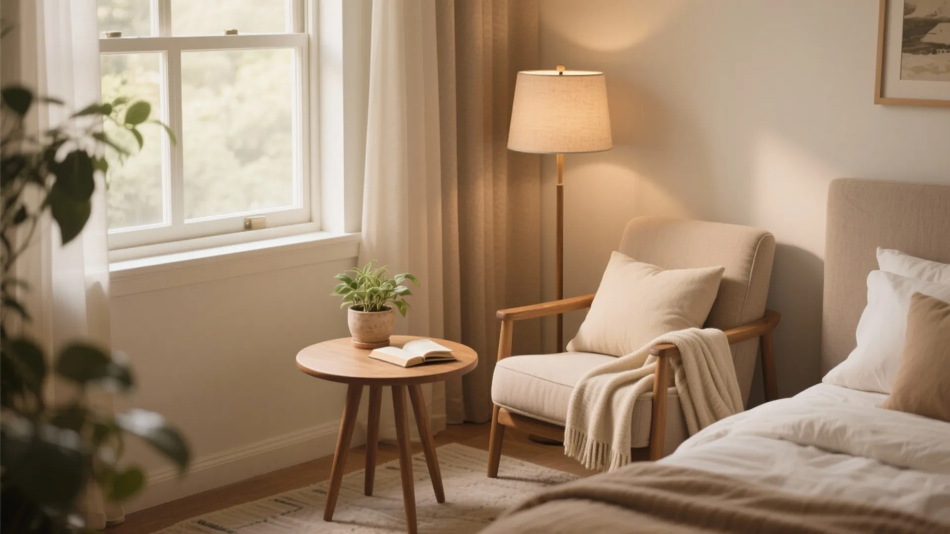Cosy bedroom reading nook with beige armchair floor lamp wooden side table and a large window