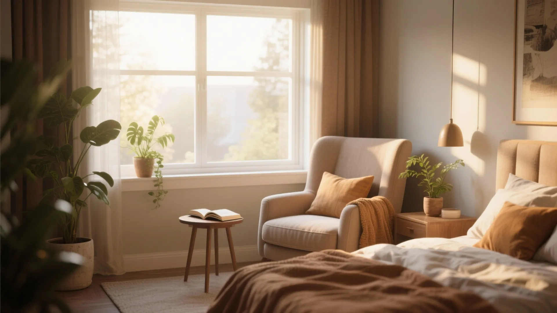 Warm bedroom reading corner featuring beige armchair, small wooden table, open book, and green plants
