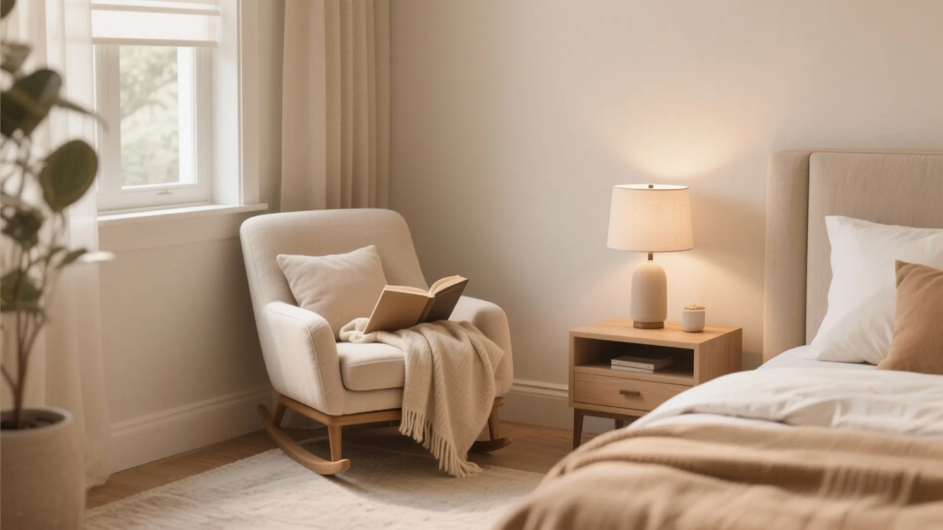 Cozy bedroom reading corner with rocking chair and open book next to a bedside lamp