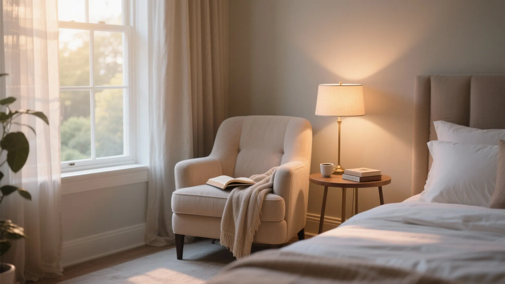 Cozy reading nook with armchair and table by window