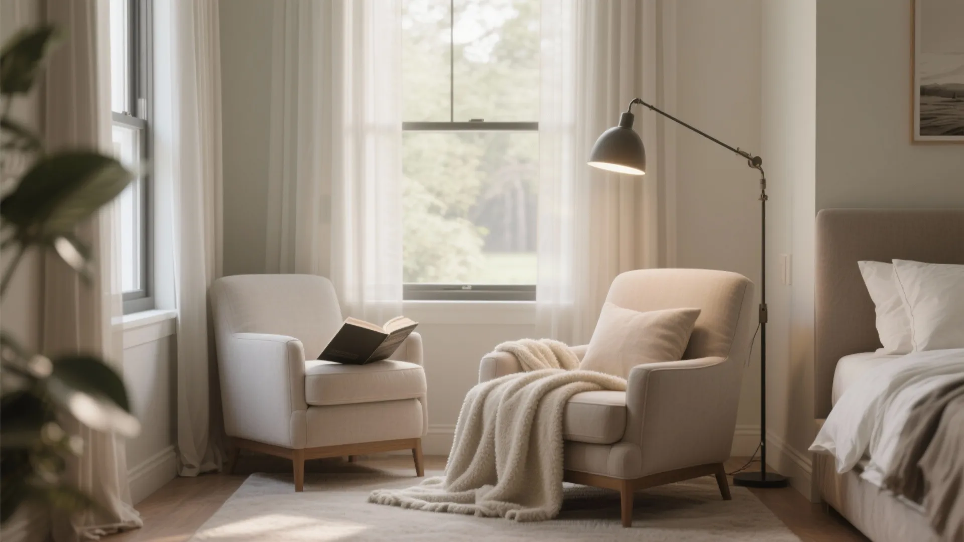 Cozy reading nook in bedroom with two beige armchairs floor lamp book and soft blanket