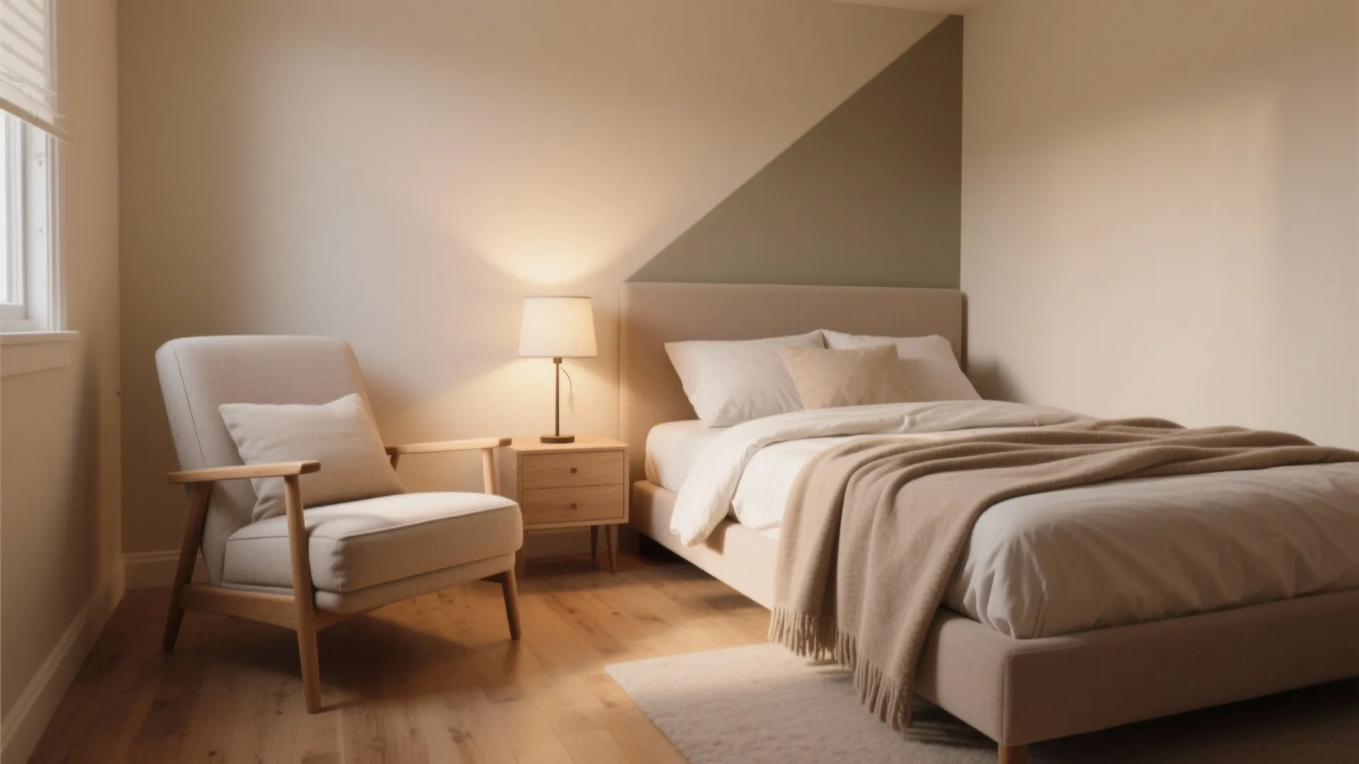 Cozy bedroom with armchair, side table, table lamp, and bed near a green wall accent