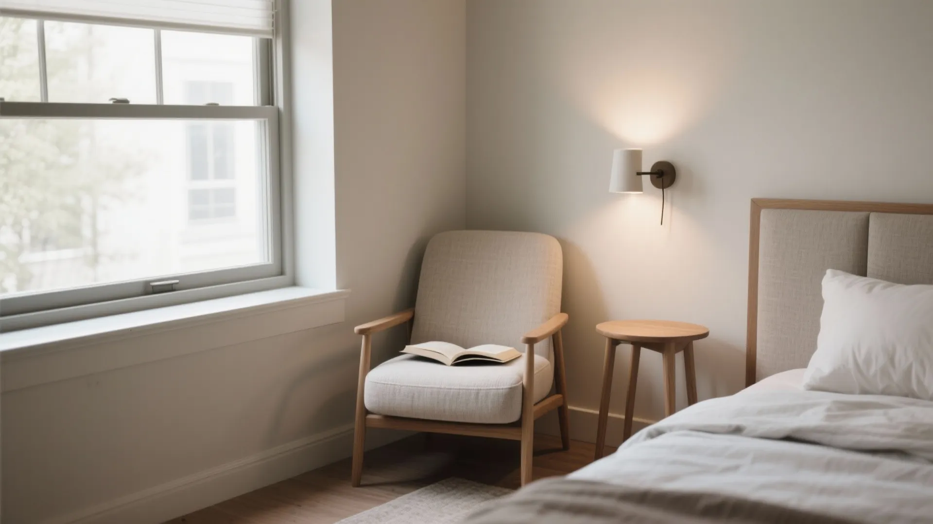 Minimalist bedroom corner with beige chair wooden side table wall light book and window natural light