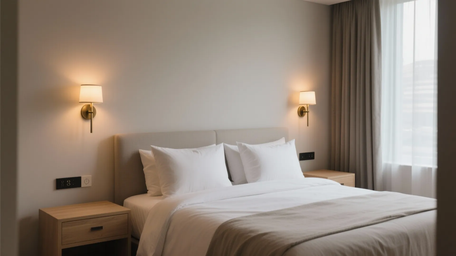 Modern cozy bedroom with white bedding two wooden nightstands and two warm wall light fixtures