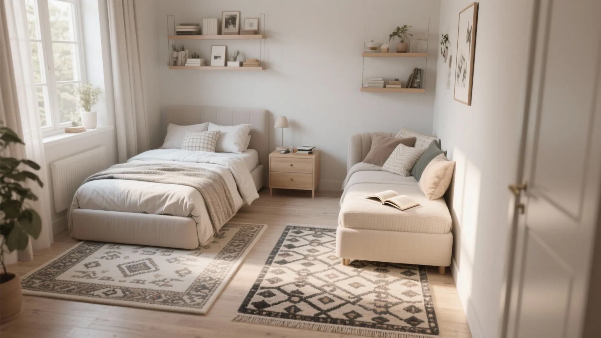 Small bedroom with rugs defining separate zones