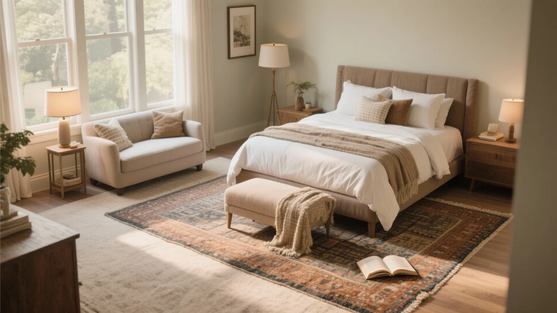 Warm bedroom with brown bed large patterned rug small sofa side table and natural light