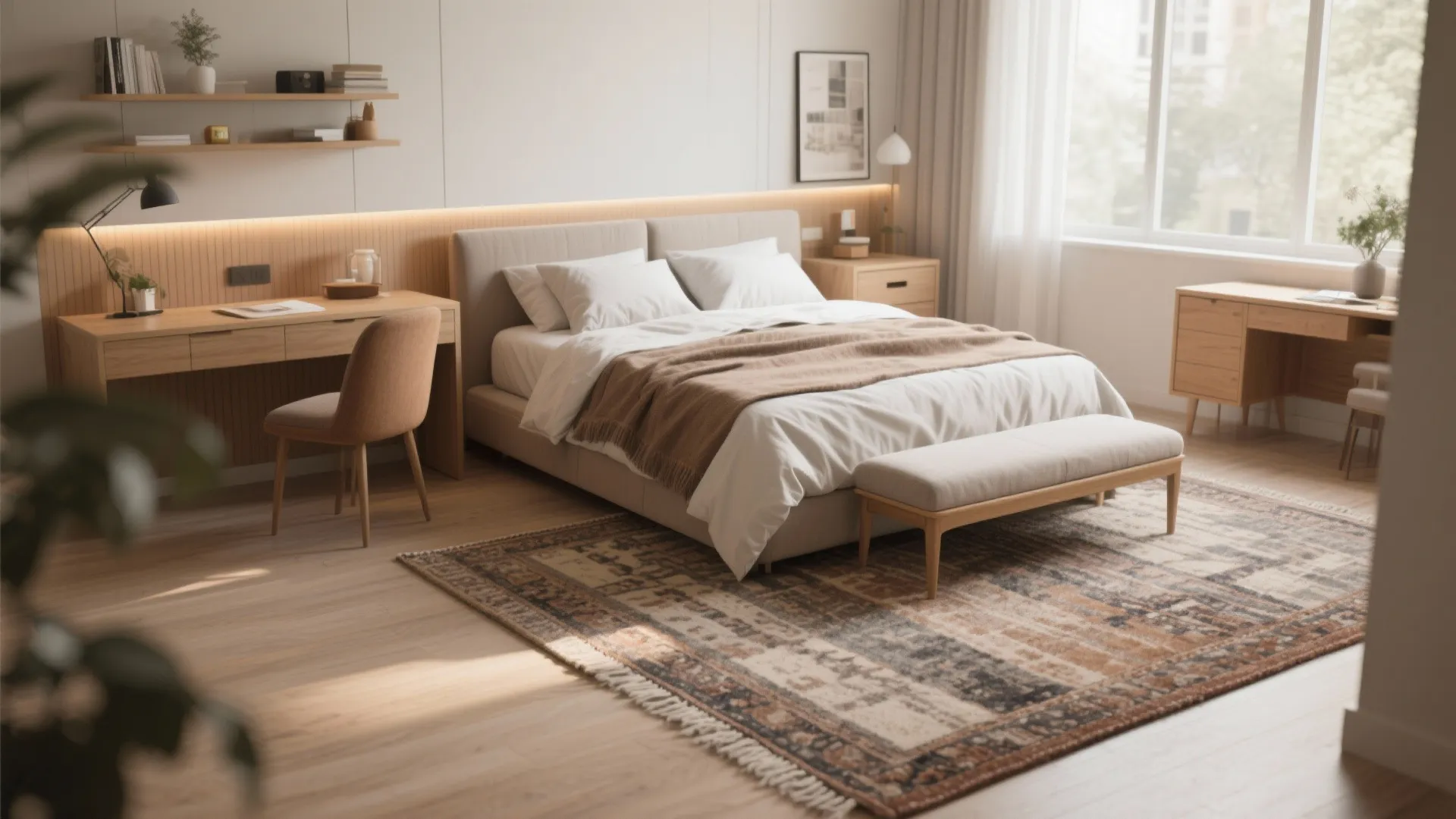 Cozy bedroom featuring a large patterned rug wooden desk footrest and bright window with curtains