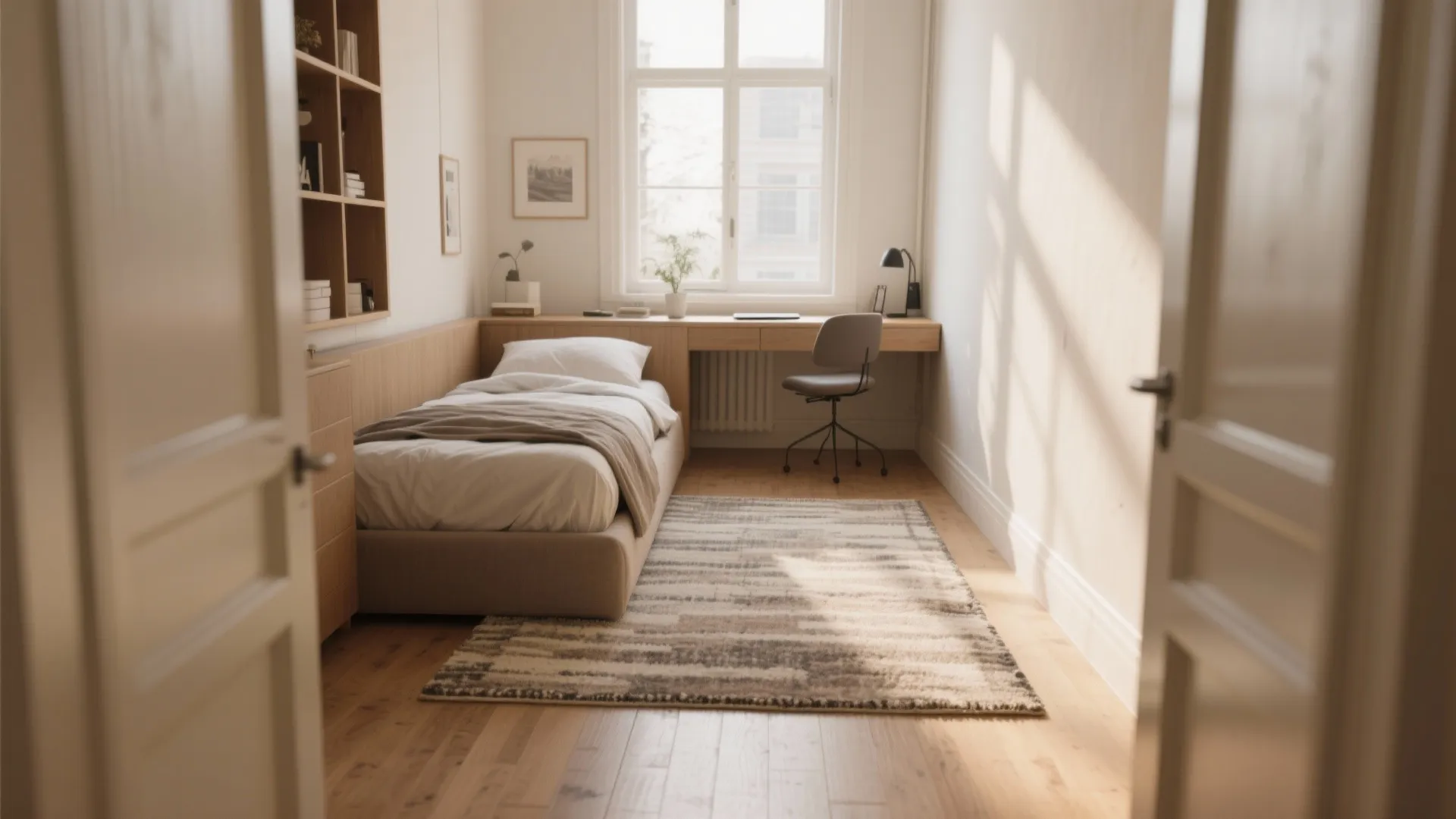 Narrow bedroom with single bed next to wooden desk and rug on light wood floor