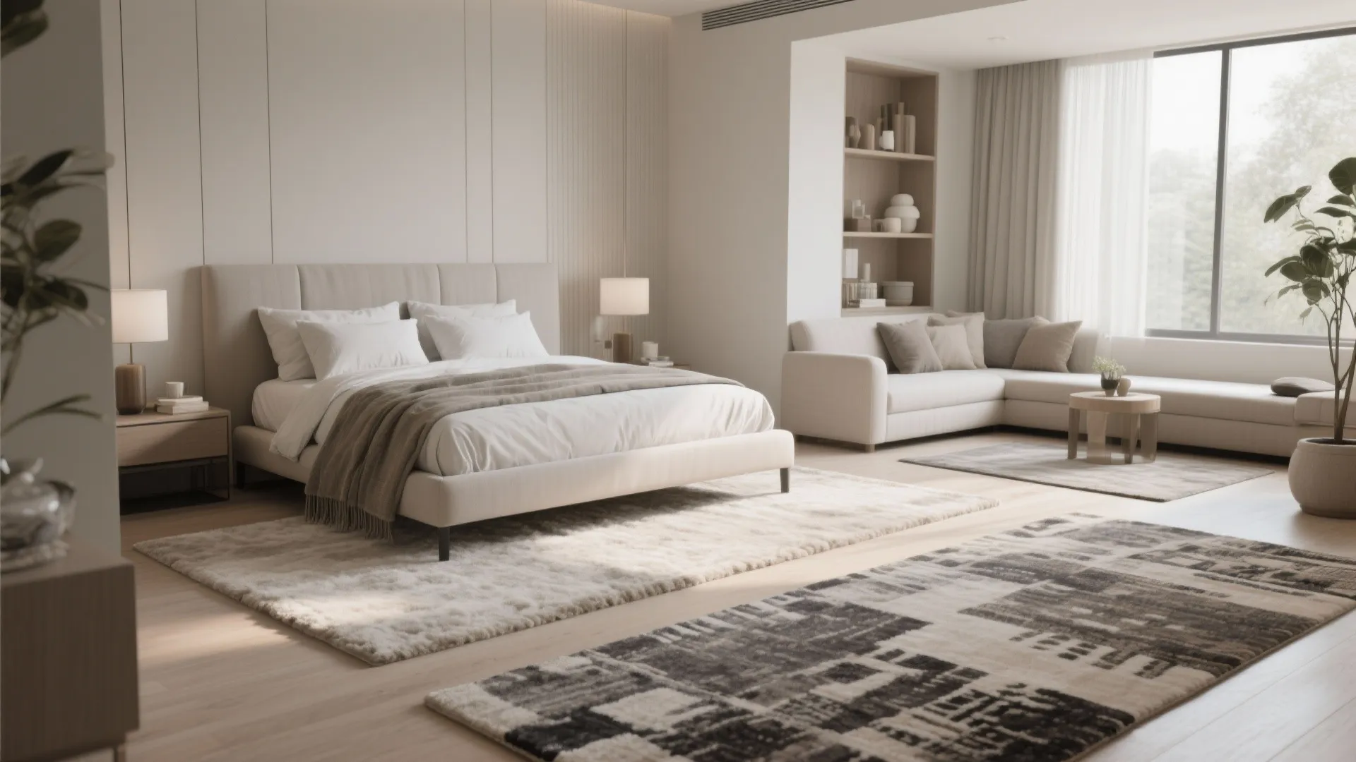 Modern bedroom and lounge area layout separated by patterned rugs on a light wood floor