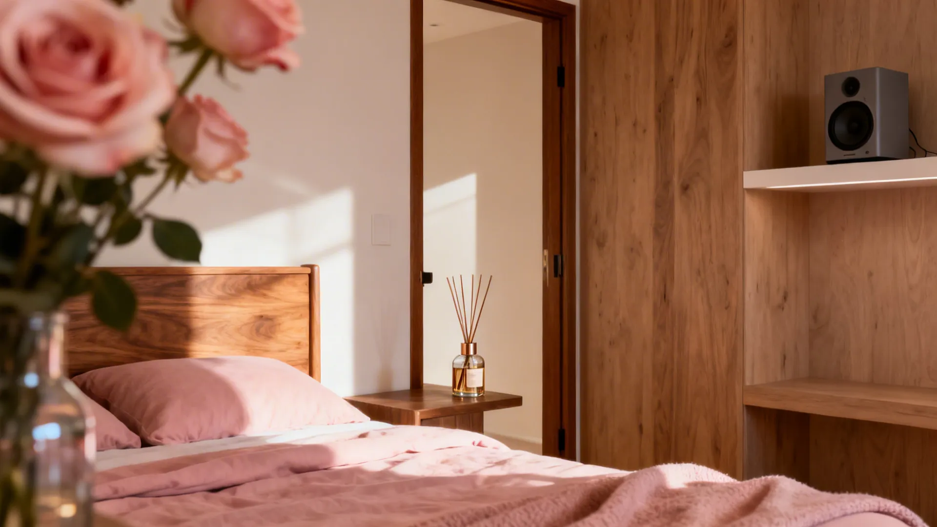 Cozy small bedroom with a reed diffuser and soft blush bedding accents.
