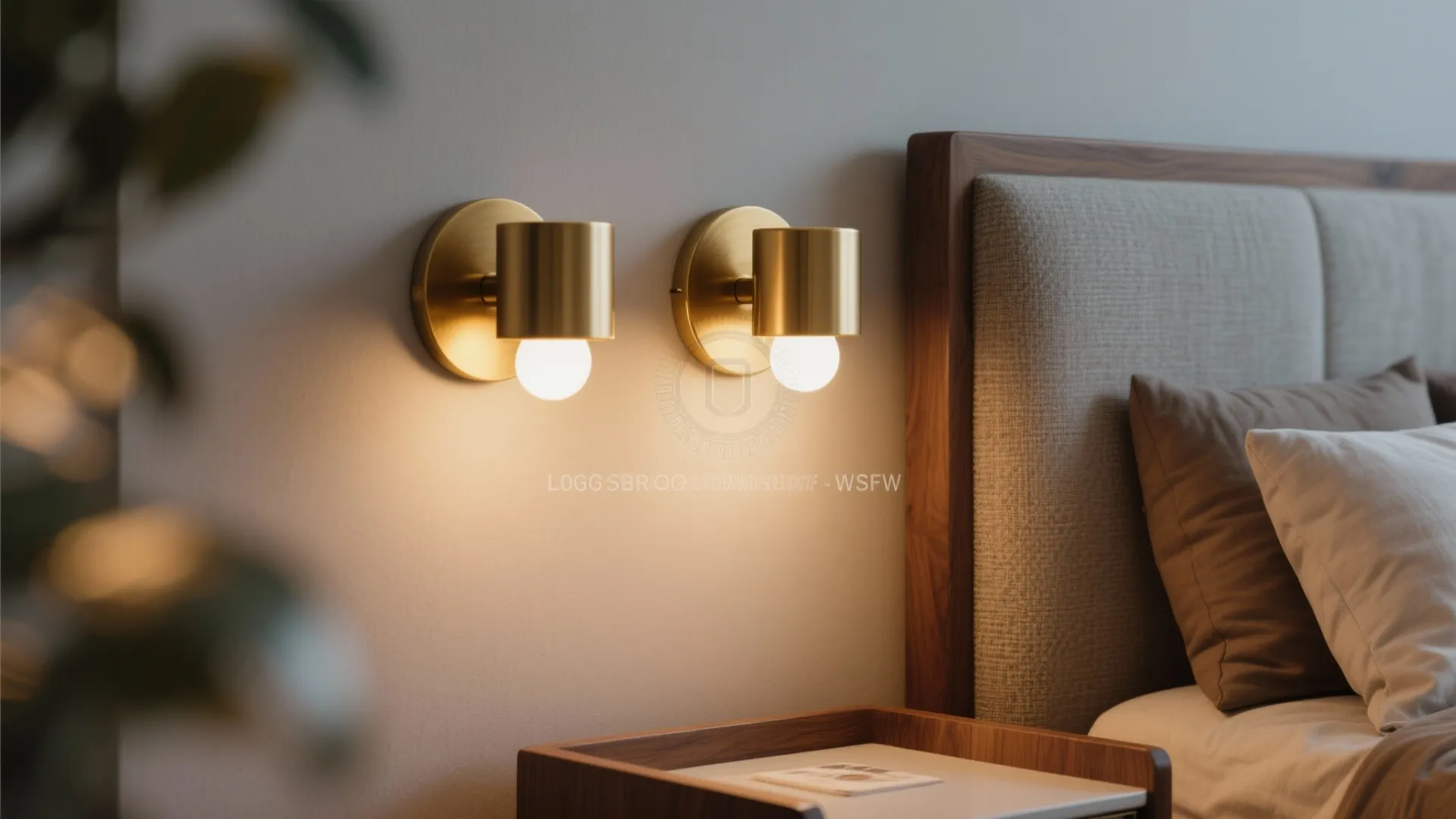 Two gold wall lights mounted on a white wall above a wooden bed with pillows