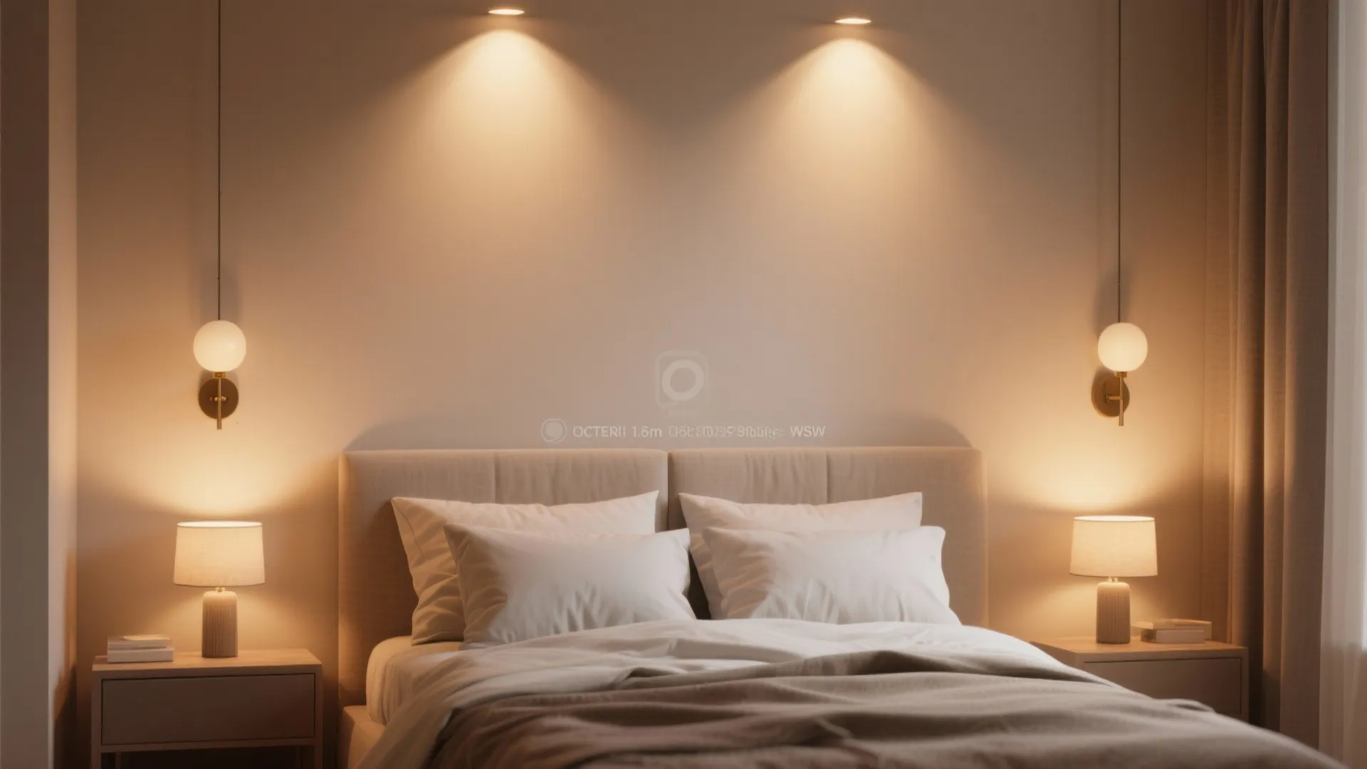 Cozy bedroom with wall light fixtures beside the bed and small table lamps on nightstands