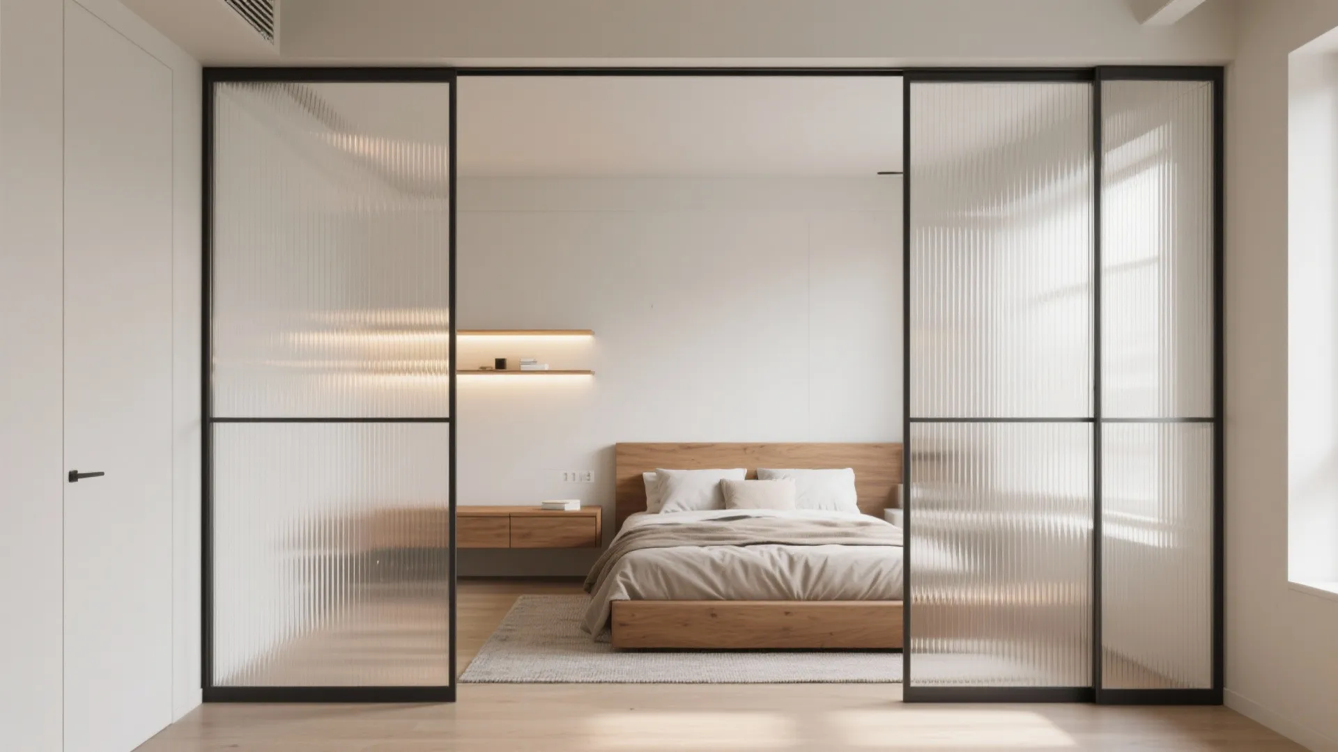 Minimalist bedroom with wooden bed frame seen through sliding glass room dividers with black frames