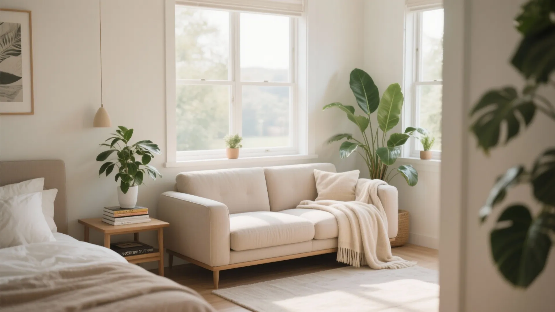 Cozy bedroom seating area with cream sofa wooden side table green potted plants and natural light
